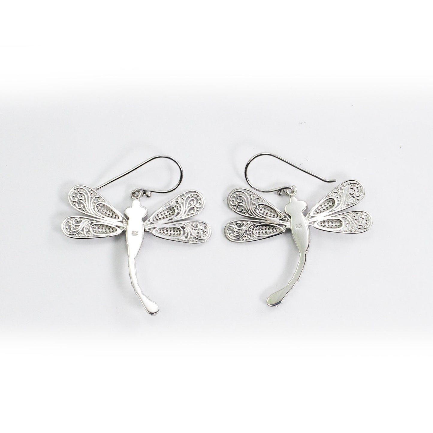 dragonfly earrings 925 sterling silver decorated with genuine red ruby and open work filigree