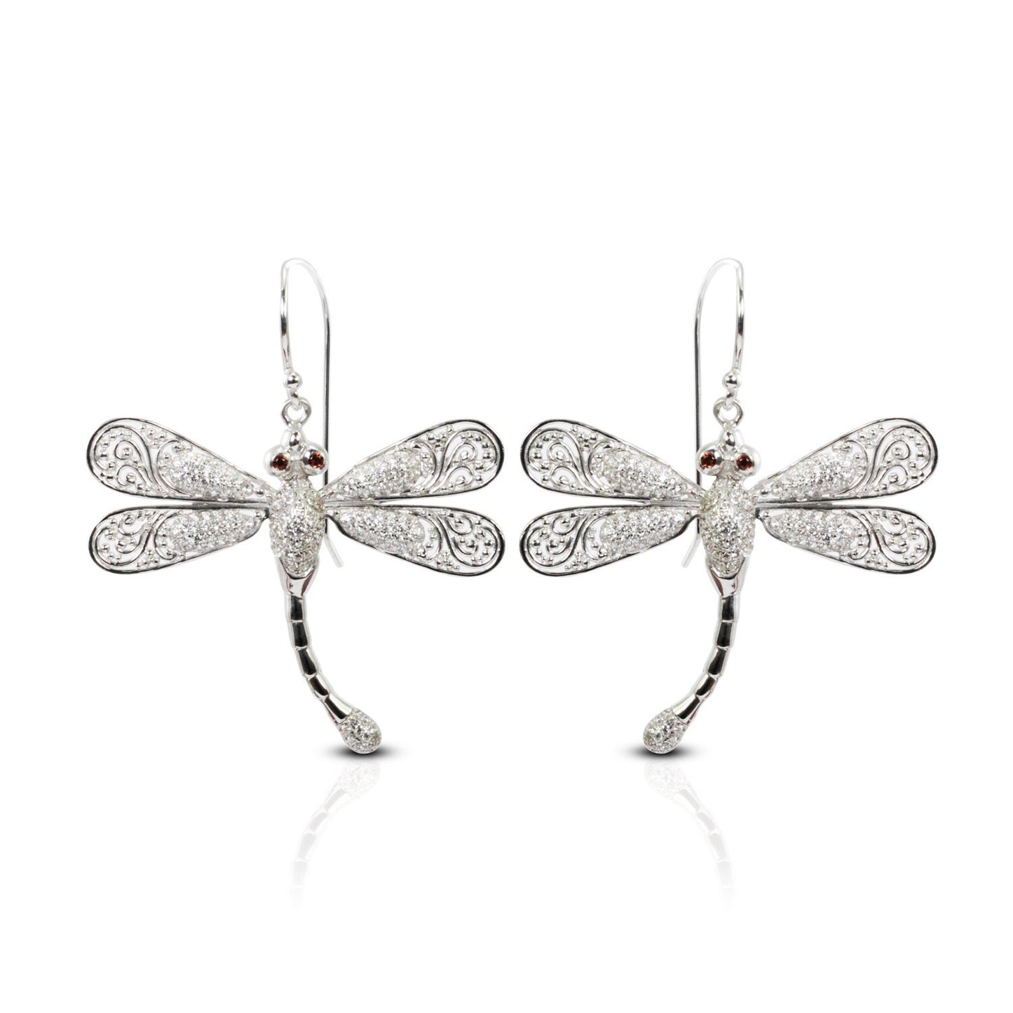 dragonfly earrings 925 sterling silver decorated with genuine red Garnet and open work filigree
