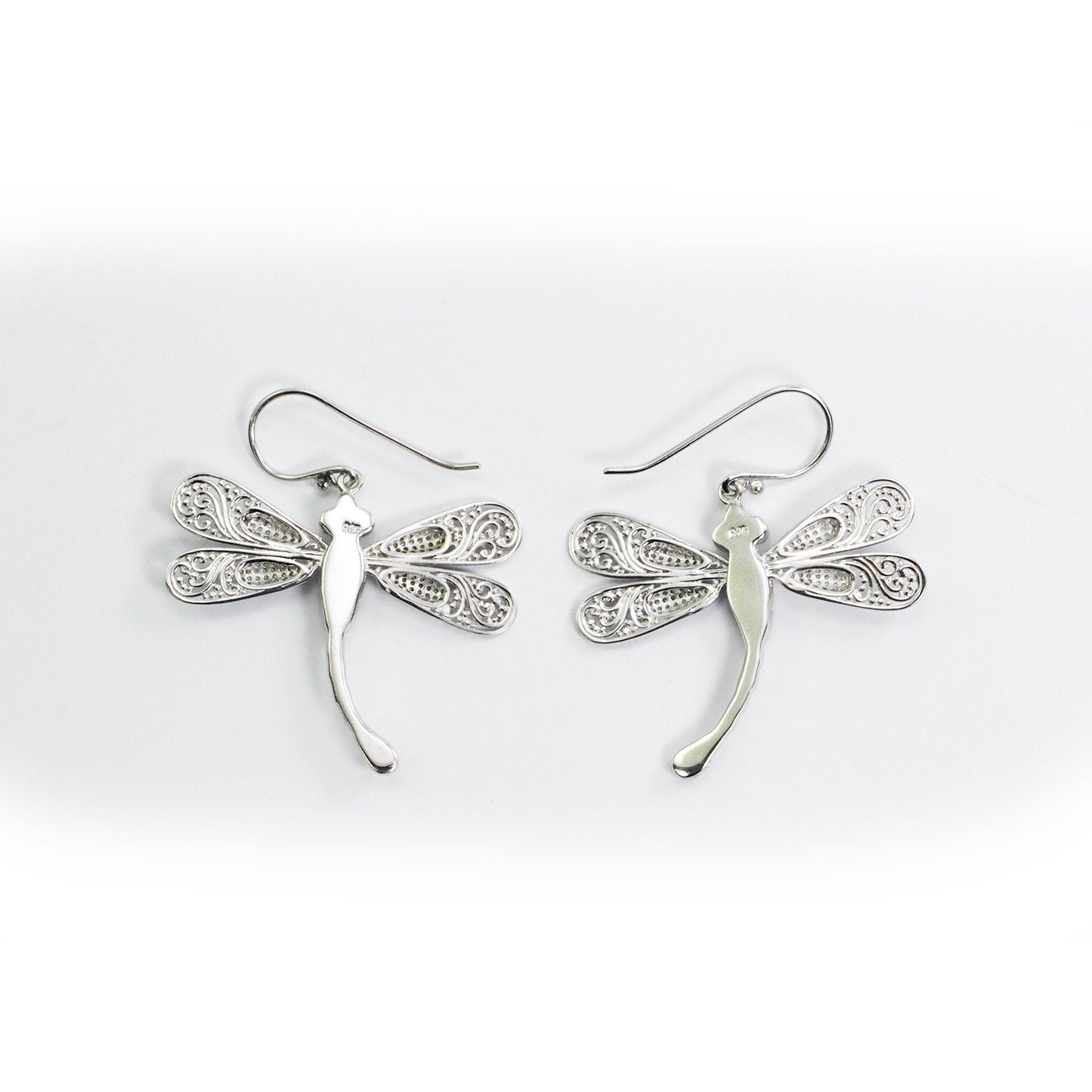 dragonfly earrings 925 sterling silver decorated with genuine red Garnet and open work filigree