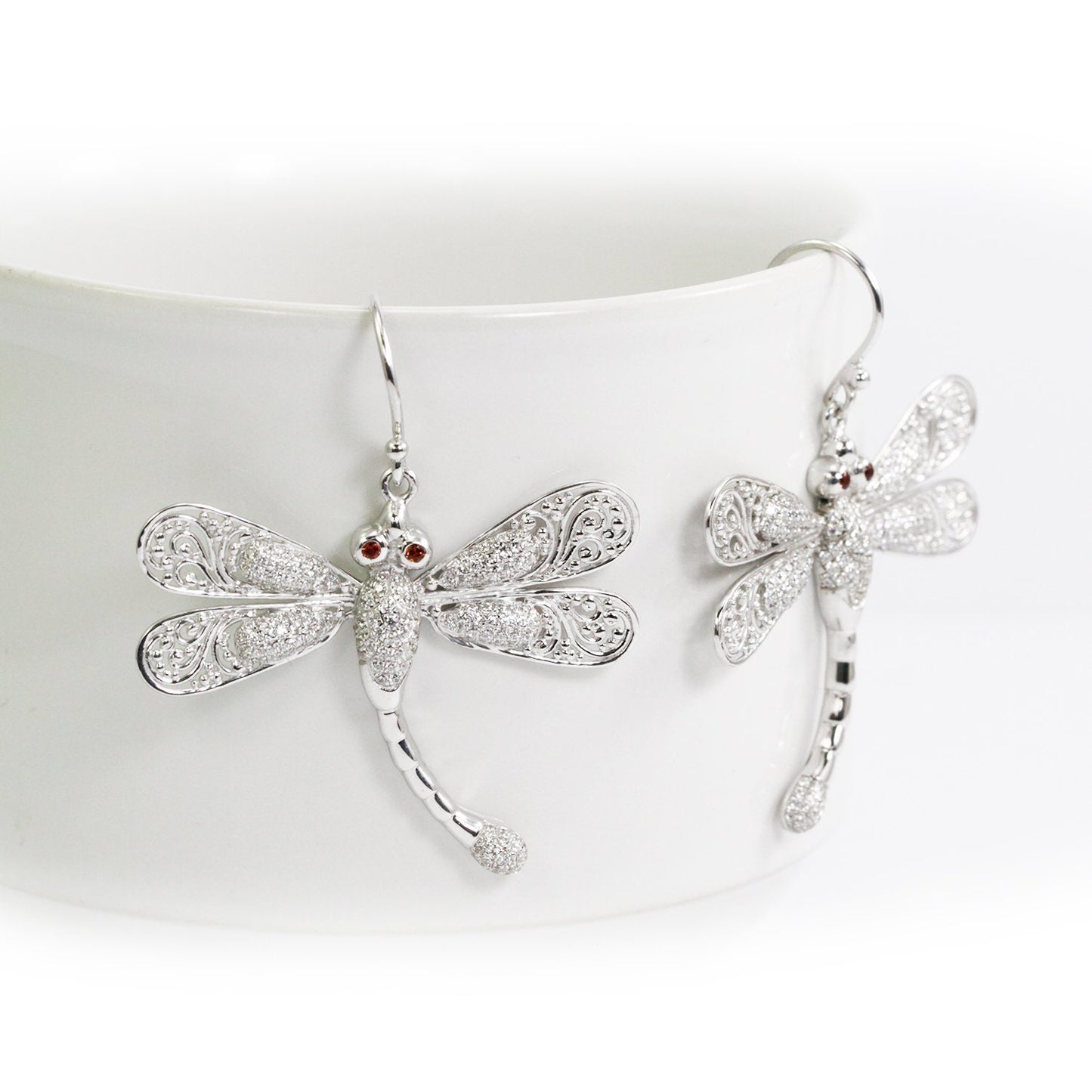 dragonfly earrings 925 sterling silver decorated with genuine red Garnet and open work filigree