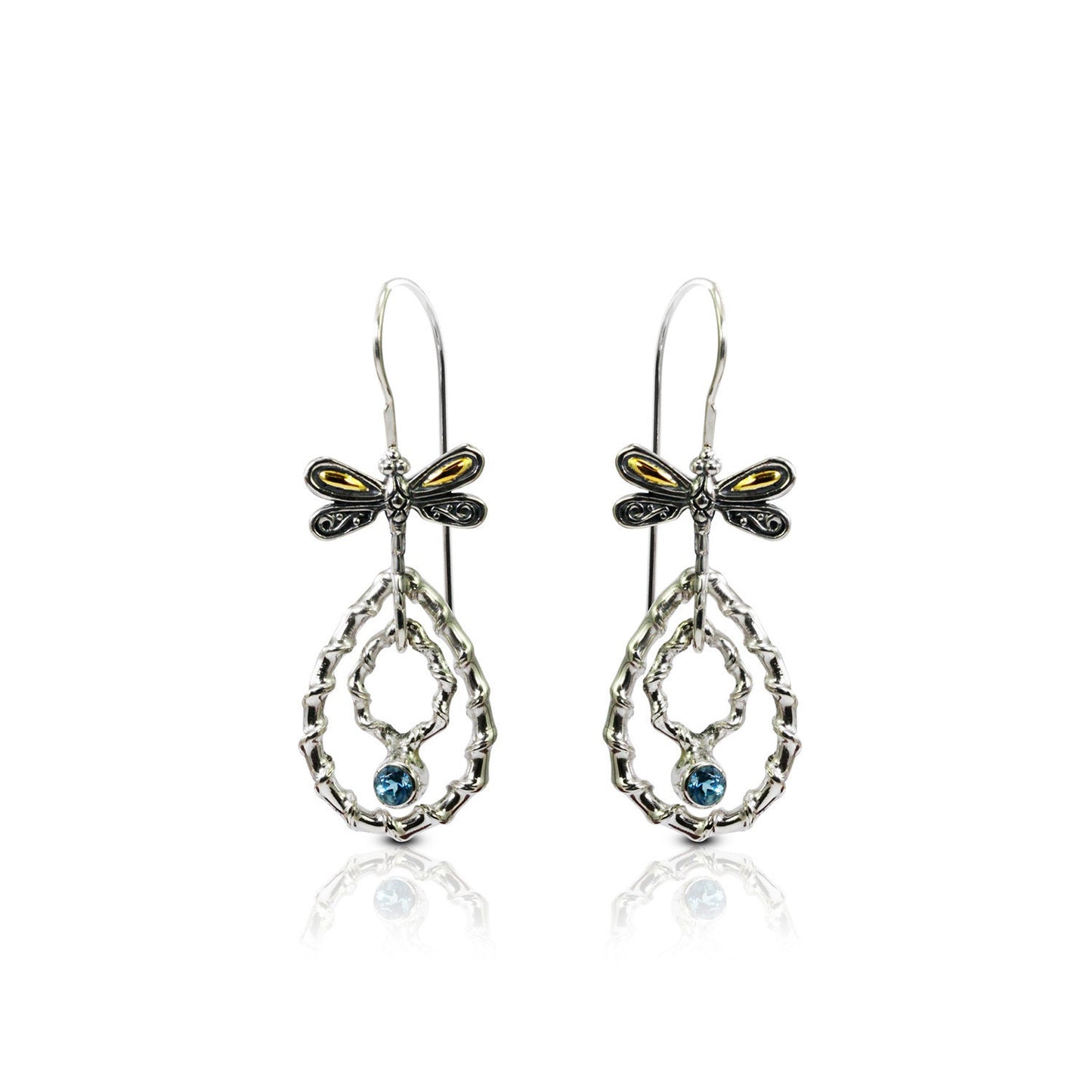 dangle drop earrings 925 sterling silver with genuine blue topaz and 18K yellow gold dragonfly ornament