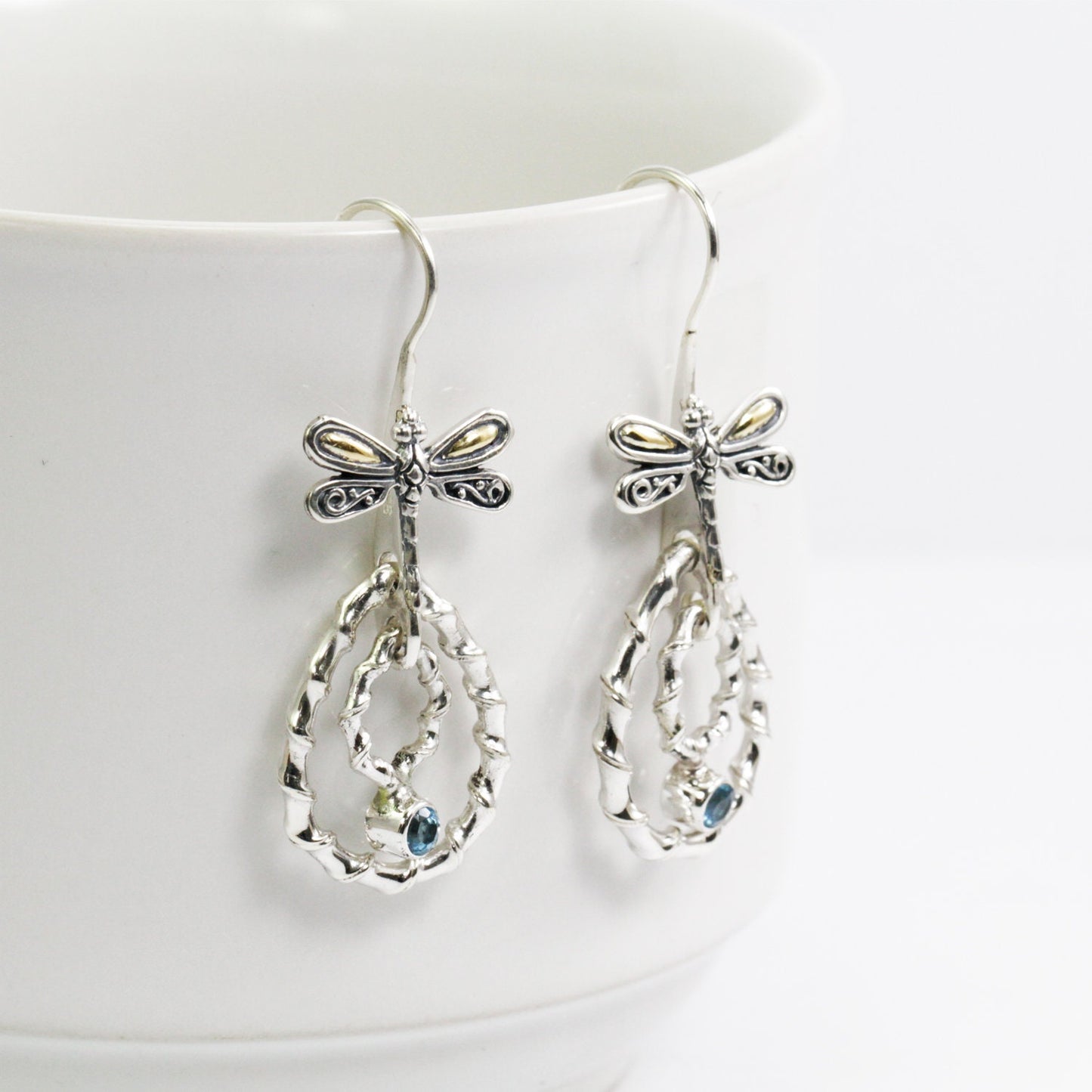dangle drop earrings 925 sterling silver with genuine blue topaz and 18K yellow gold dragonfly ornament