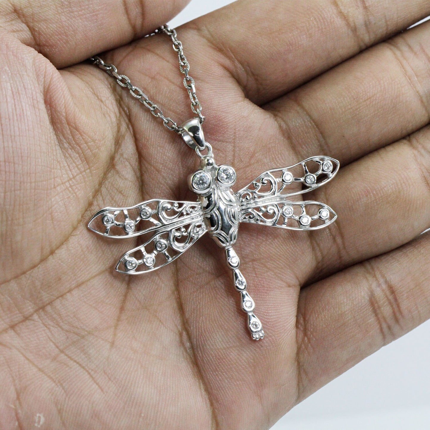 Dragonfly pendant 925 sterling silver with white zircon decorated with open work filigree