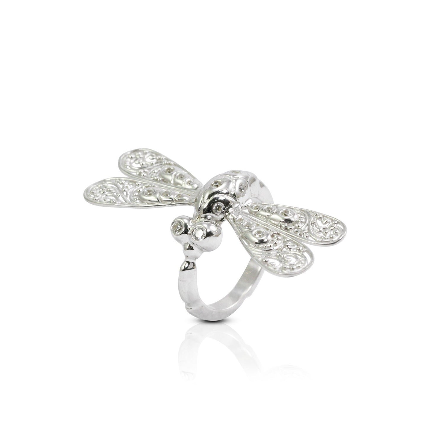 Dragonfly ring 925 sterling silver decorated with white crystal and open work filigree ornament