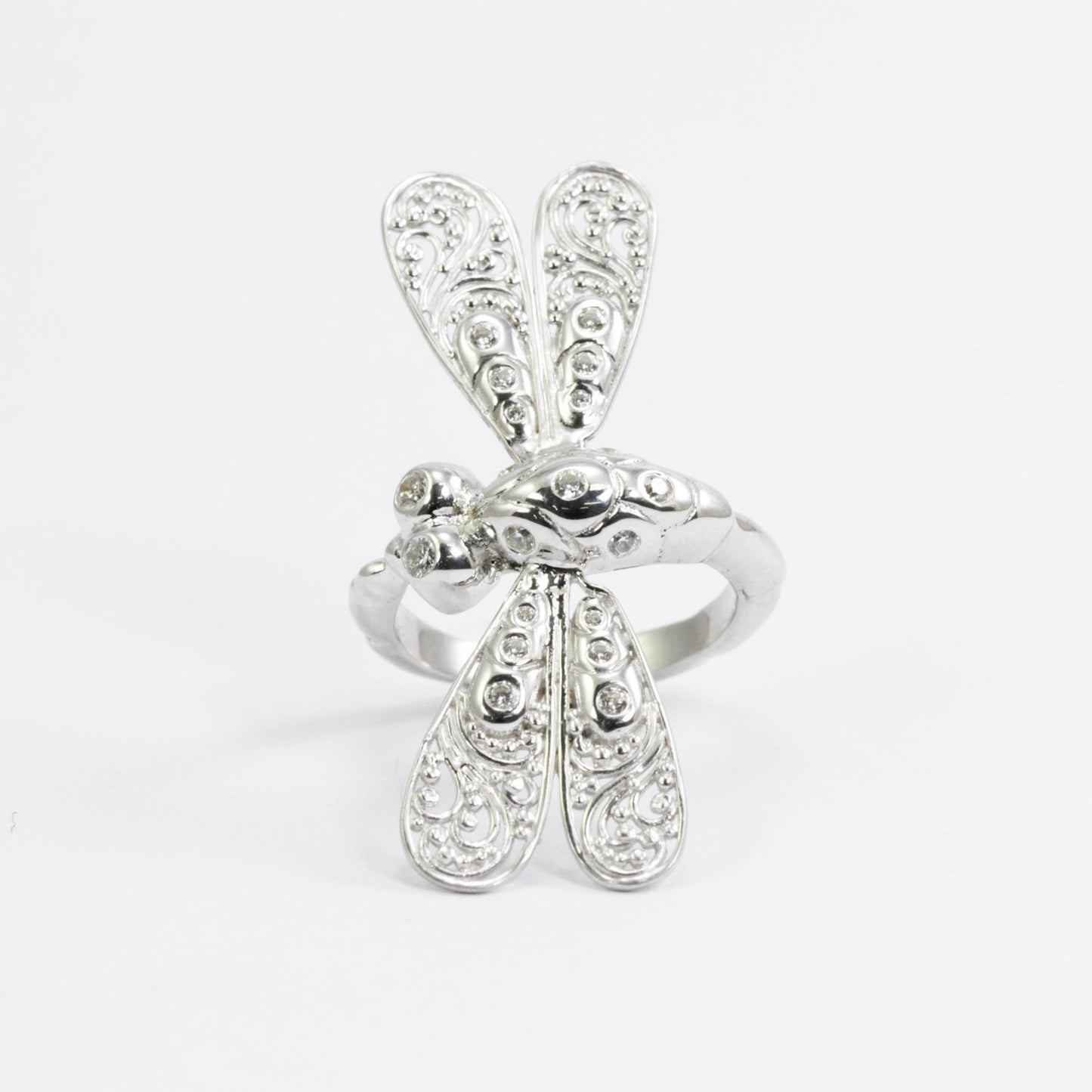 Dragonfly ring 925 sterling silver decorated with white crystal and open work filigree ornament