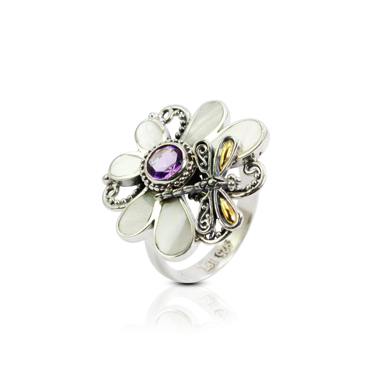 Dragonfly ring 925 sterling silver decorated with genuine amethyst and white shell and 18K yellow gold
