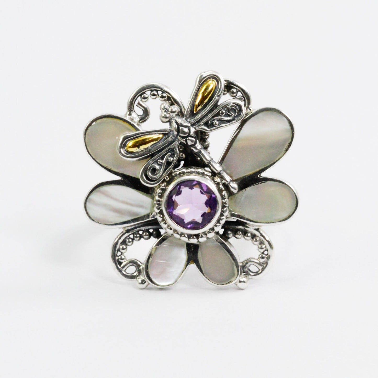 Dragonfly ring 925 sterling silver decorated with genuine amethyst and white shell and 18K yellow gold