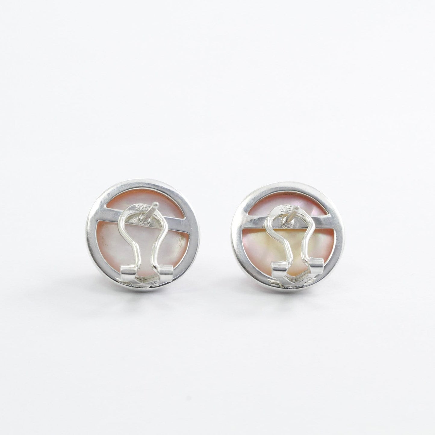 pink mabe pearl earrings stud 925 sterling silver in handmade bezel and safety omega lock