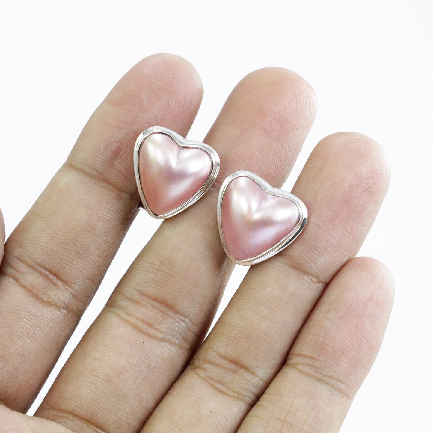 Heart - Shape Pink Mabe Pearl stud Earring set in Handmade 925 Sterling Silver with Omega Closure