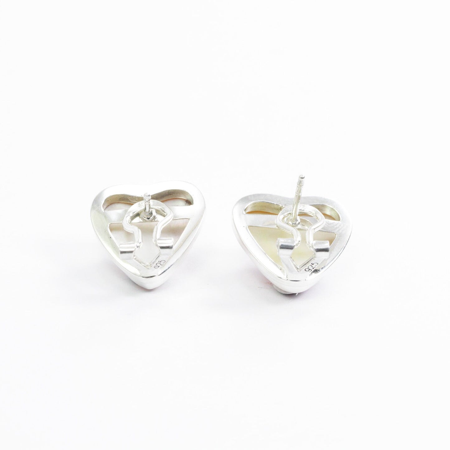 Heart - Shape Pink Mabe Pearl stud Earring set in Handmade 925 Sterling Silver with Omega Closure
