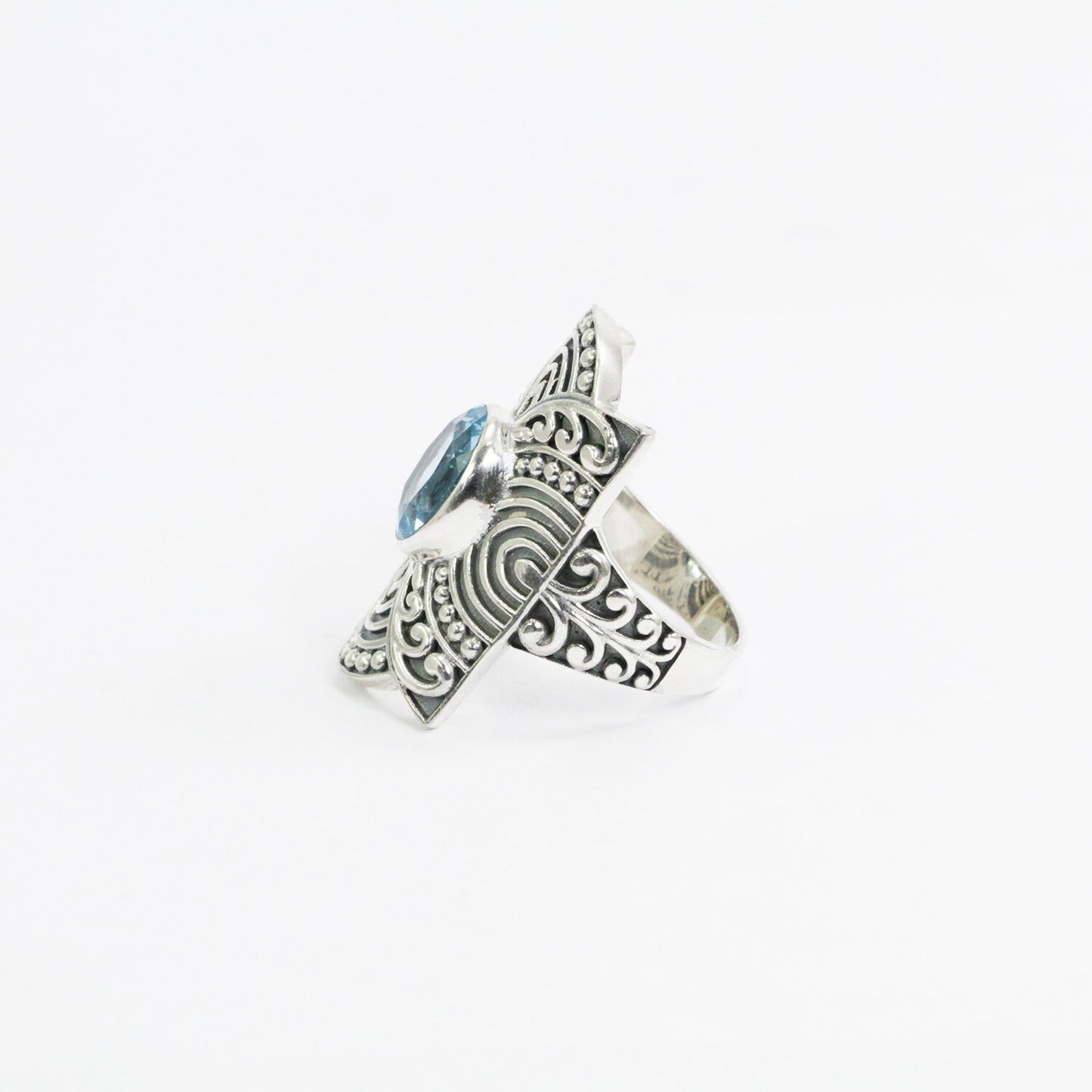 wide band ring sterling silver 925 with genuine blue topaz decorated with filigree ornament