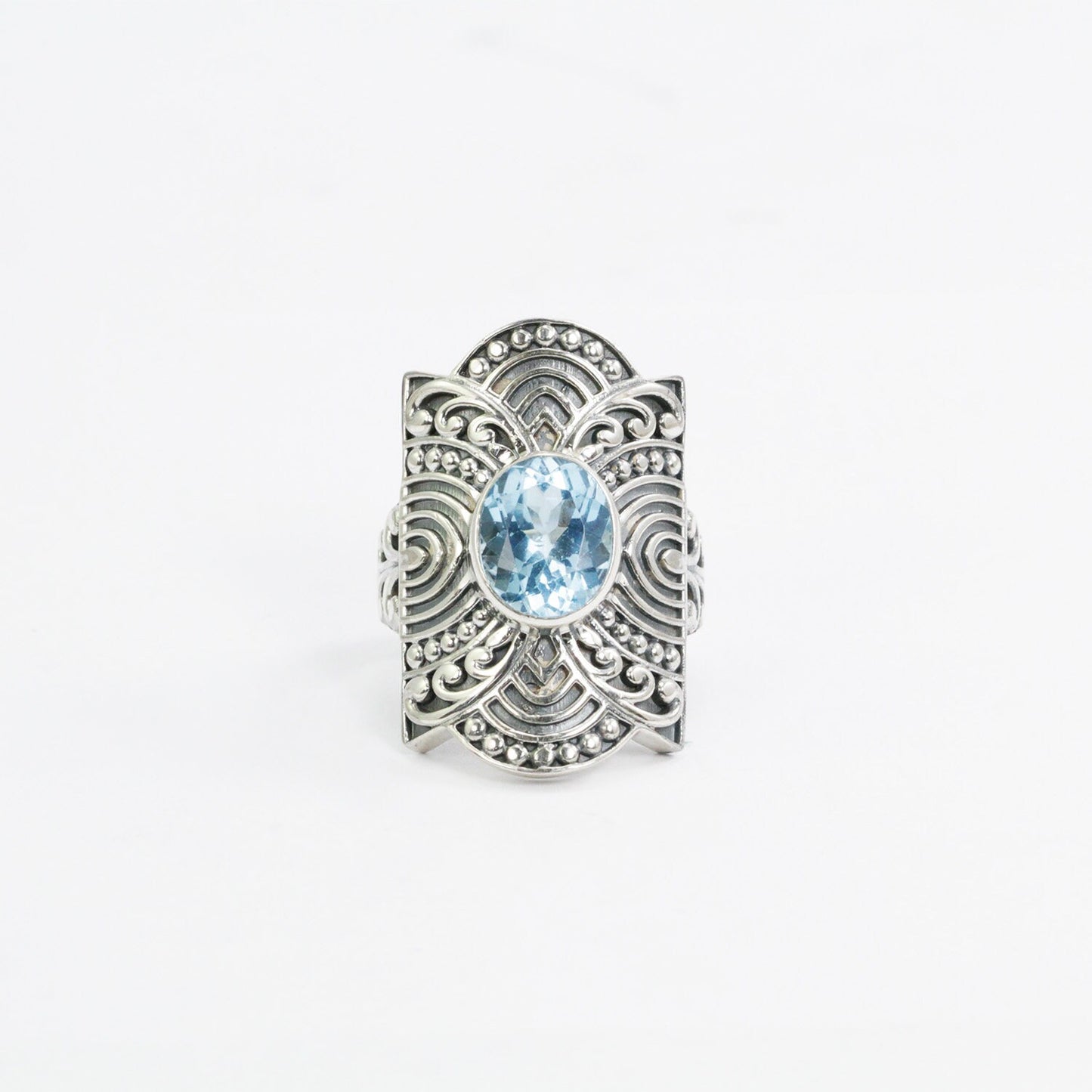wide band ring sterling silver 925 with genuine blue topaz decorated with filigree ornament