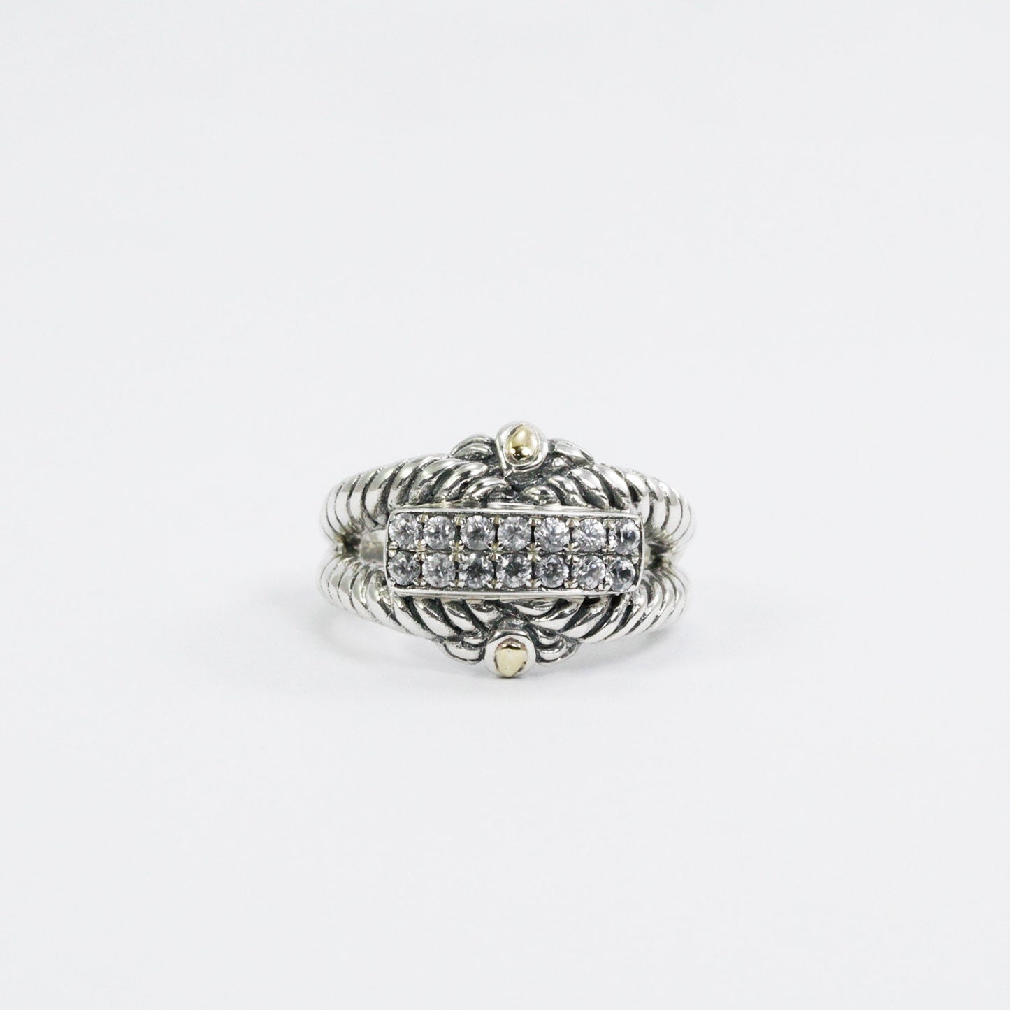 cable ring 925 sterling silver decorated with genuine white zircon and 18K yellow gold
