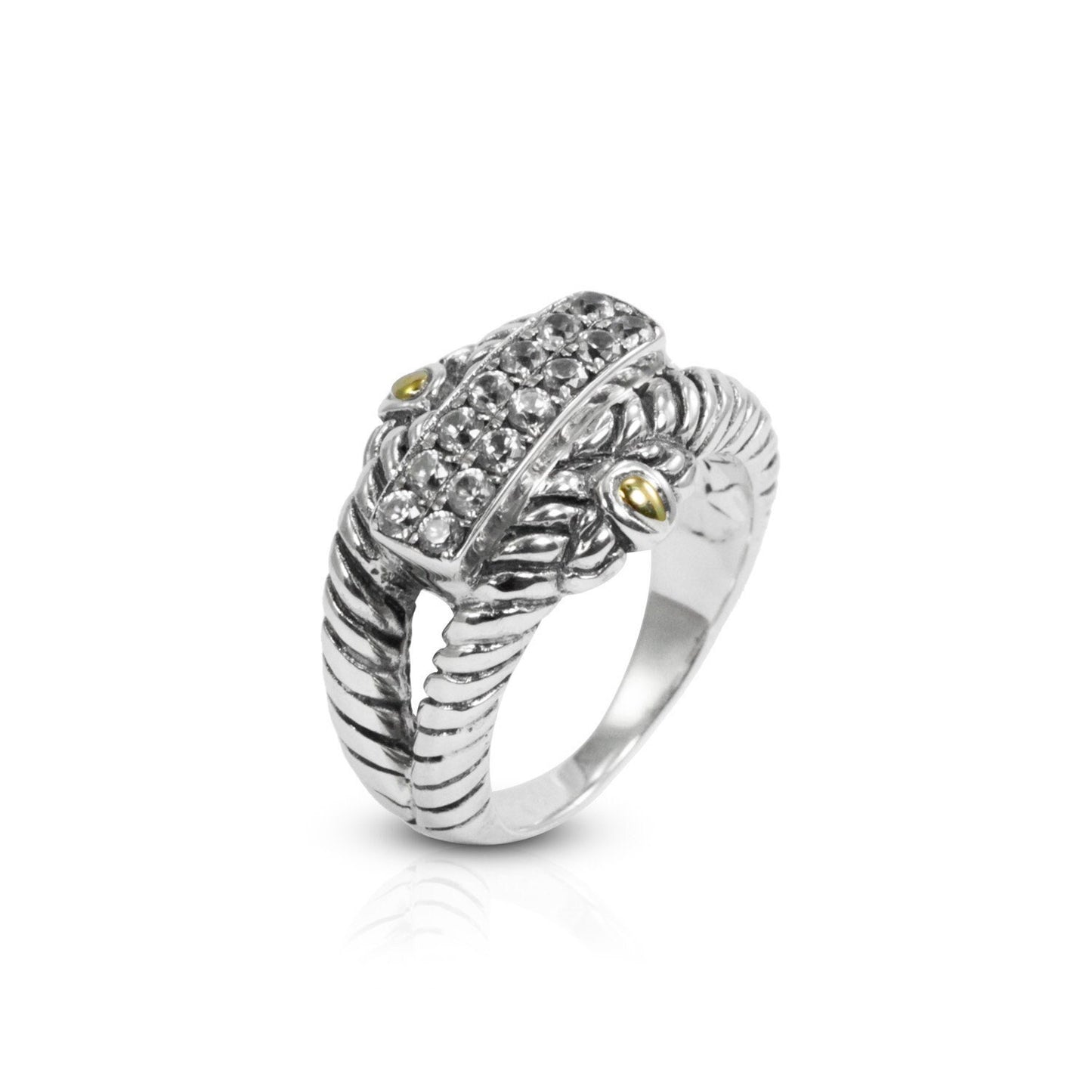 cable ring 925 sterling silver decorated with genuine white zircon and 18K yellow gold
