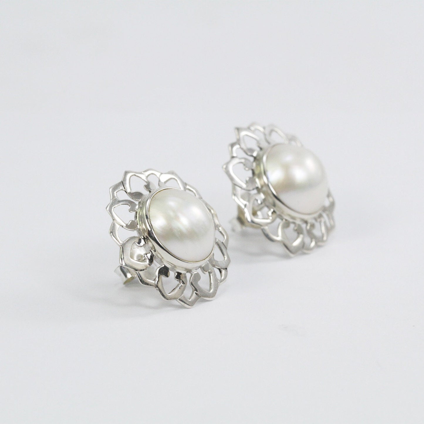 white mabe pearl stud earrings 925 sterling silver with lotus shape ornament
