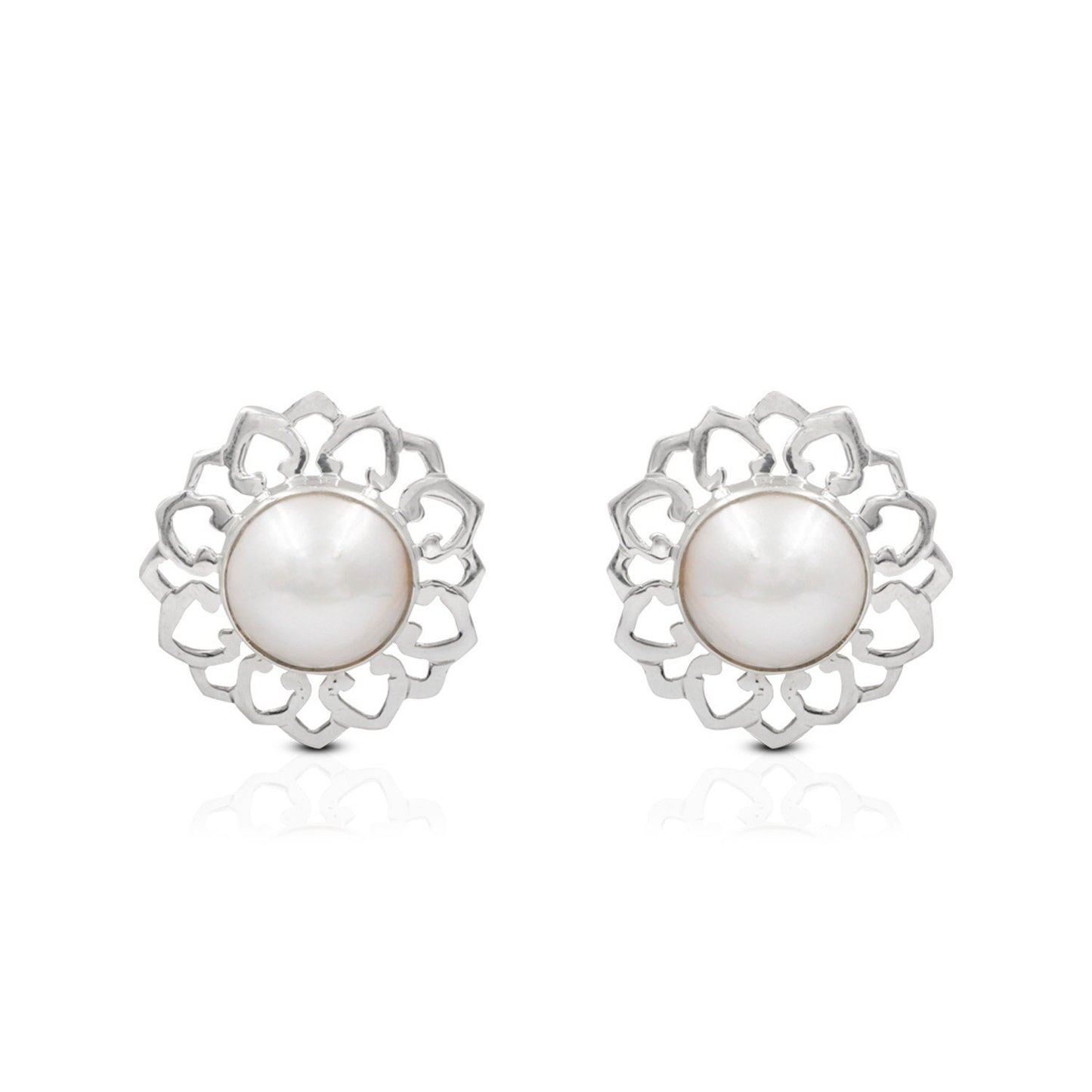 white mabe pearl stud earrings 925 sterling silver with lotus shape ornament