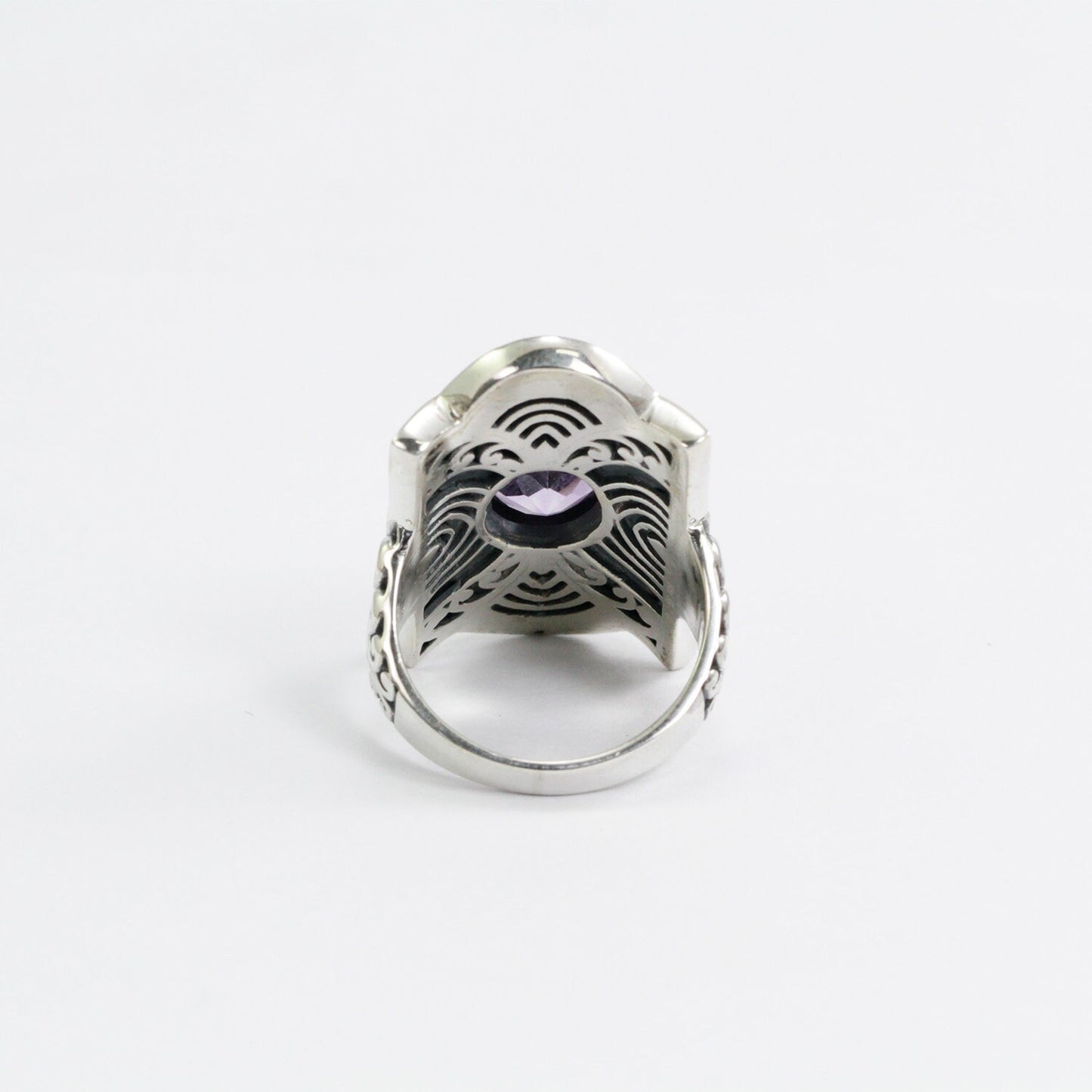 Amethyst ring set in 925 sterling silver wide band decorated with filigree ornament