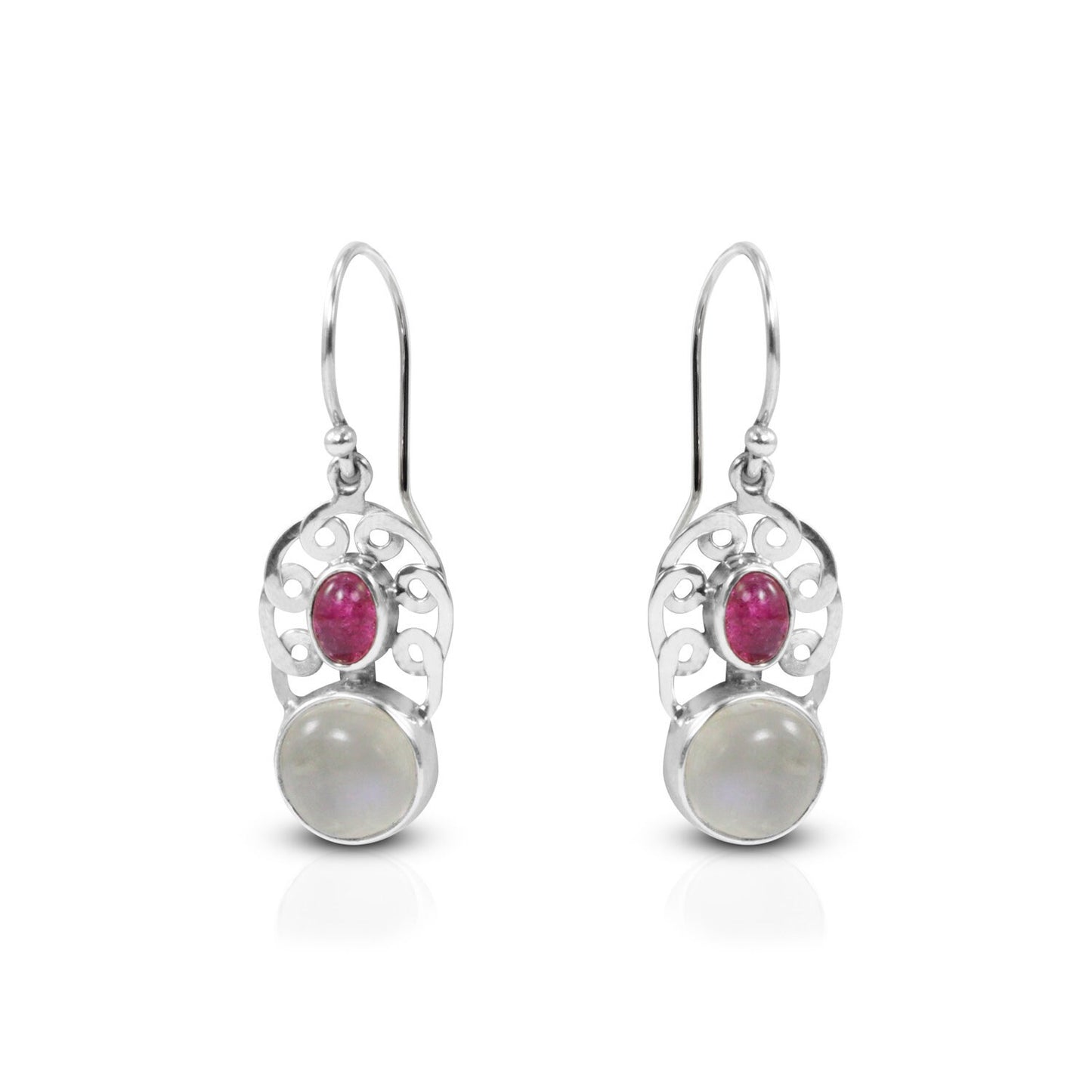 moonstone earrings dangle 925 sterling silver with genuine pink tourmaline and woven Celtic handmade