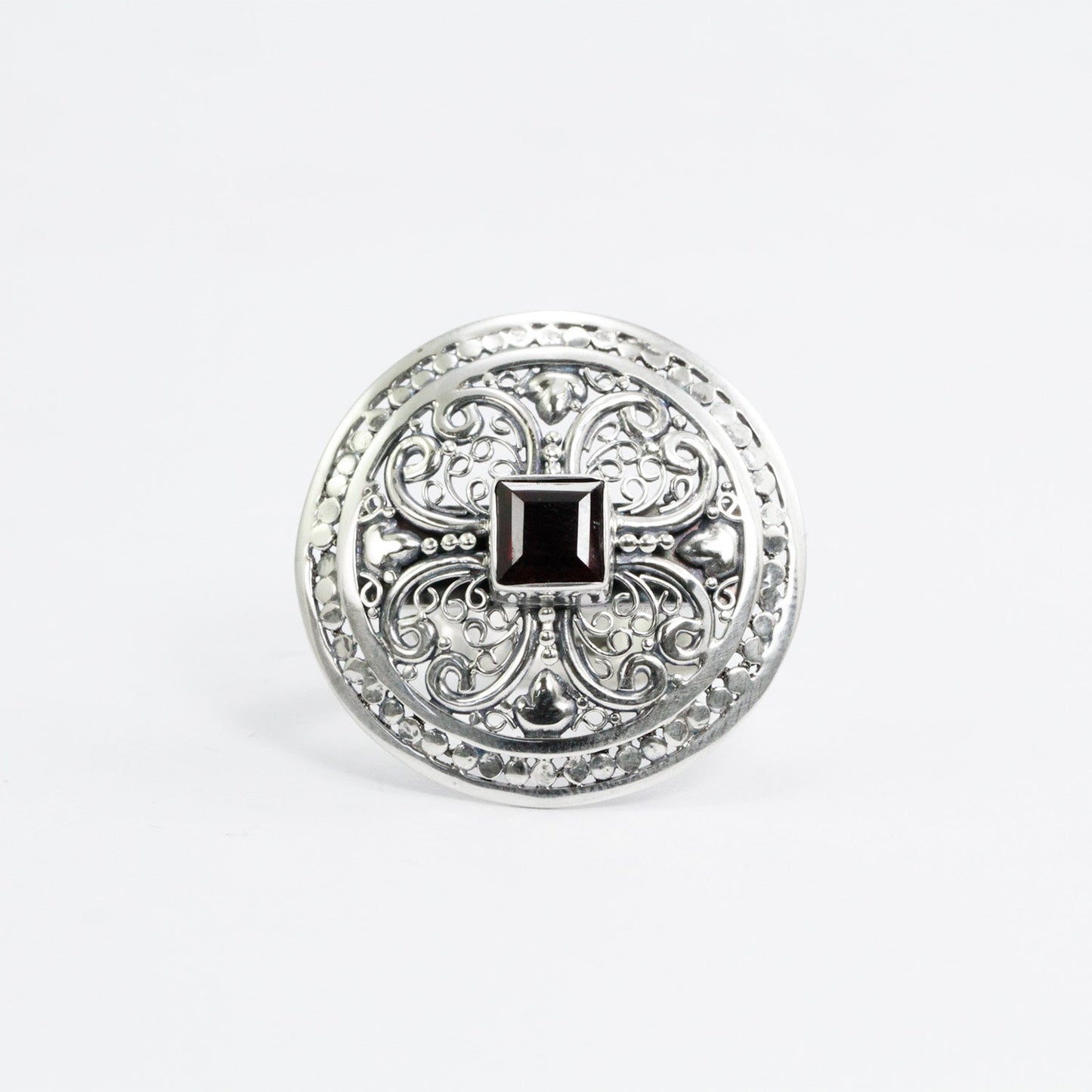 Circle ring 925 sterling silver with natural garnet decorated with delicate filigree ornament