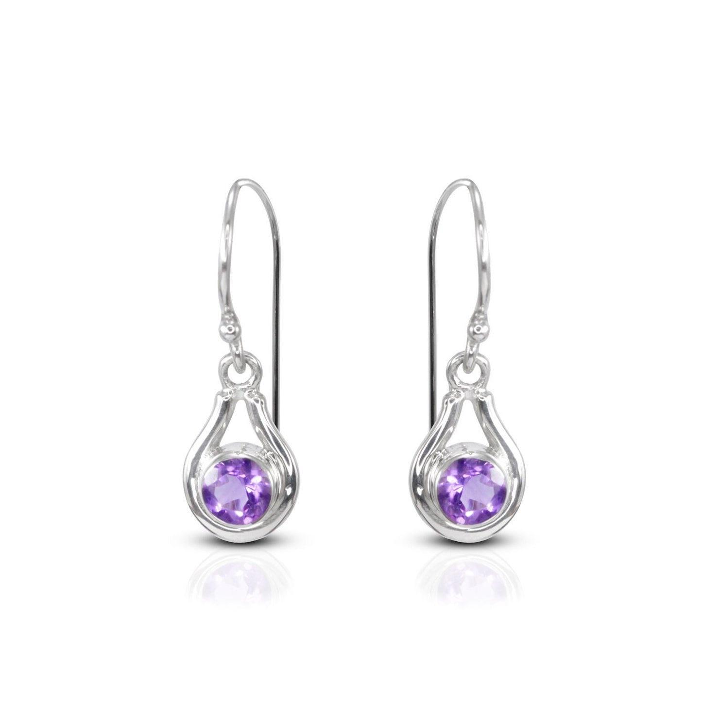 amethyst earrings round shape set in 925 sterling silver decorated with white filigree ornament bezel