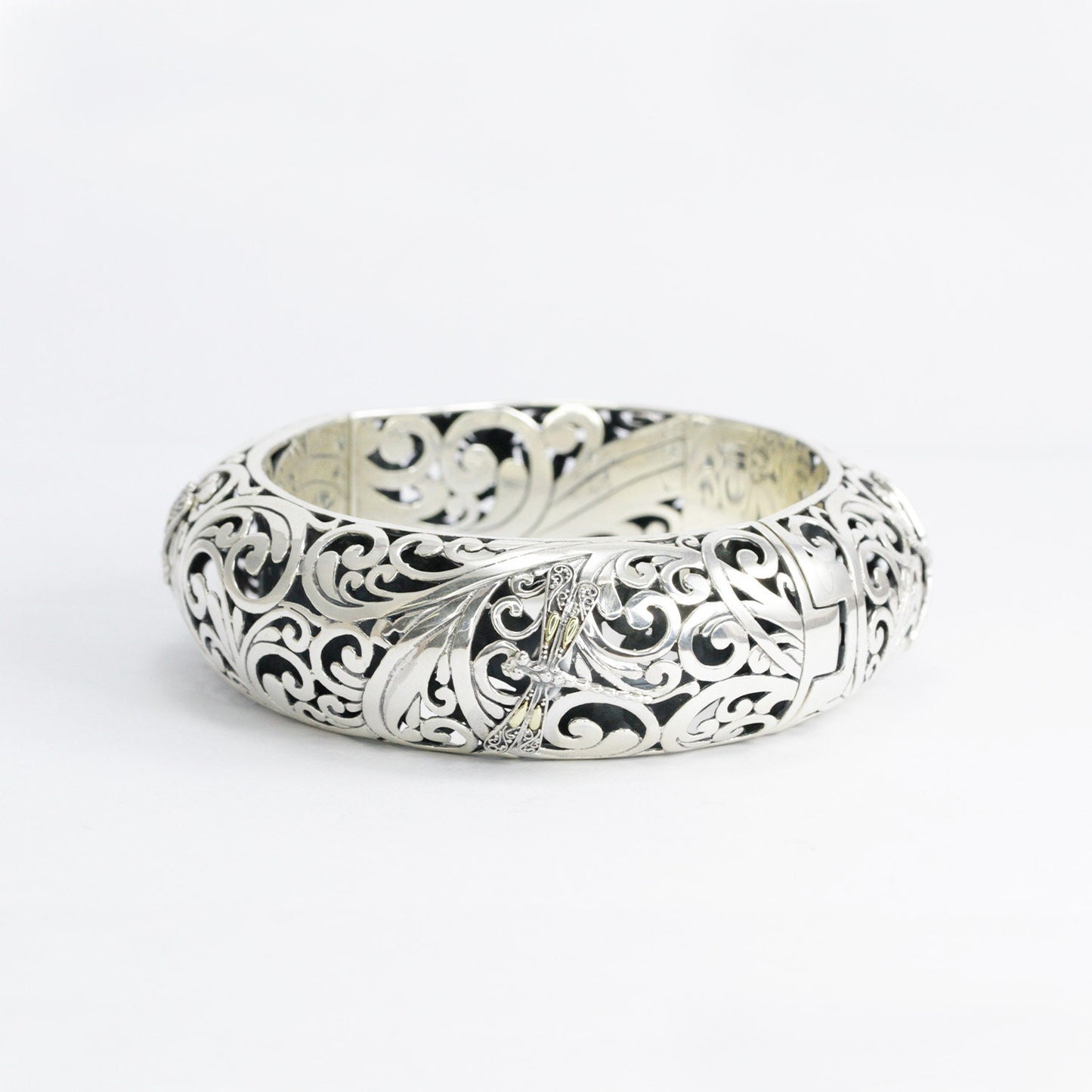 dragonfly bangle 925 sterling silver limited item decorated with open work filigree and 18K yellow gold wings accent