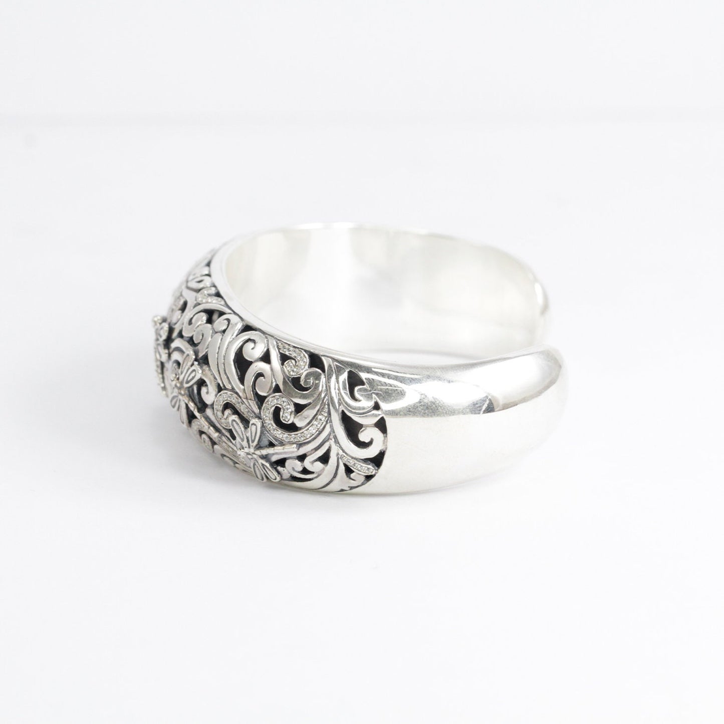 cuff bangle 925 sterling silver decorated with white zirconia in beautiful open work filigree ornament and dragonfly