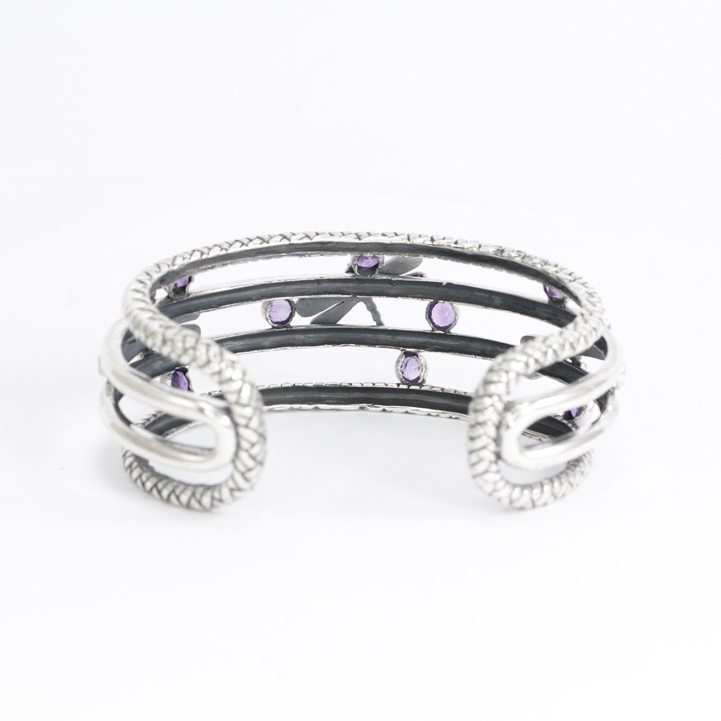 amethyst cuff bangle bracelet 925 sterling silver decorated with dragonfly filigree and 18K yellow gold