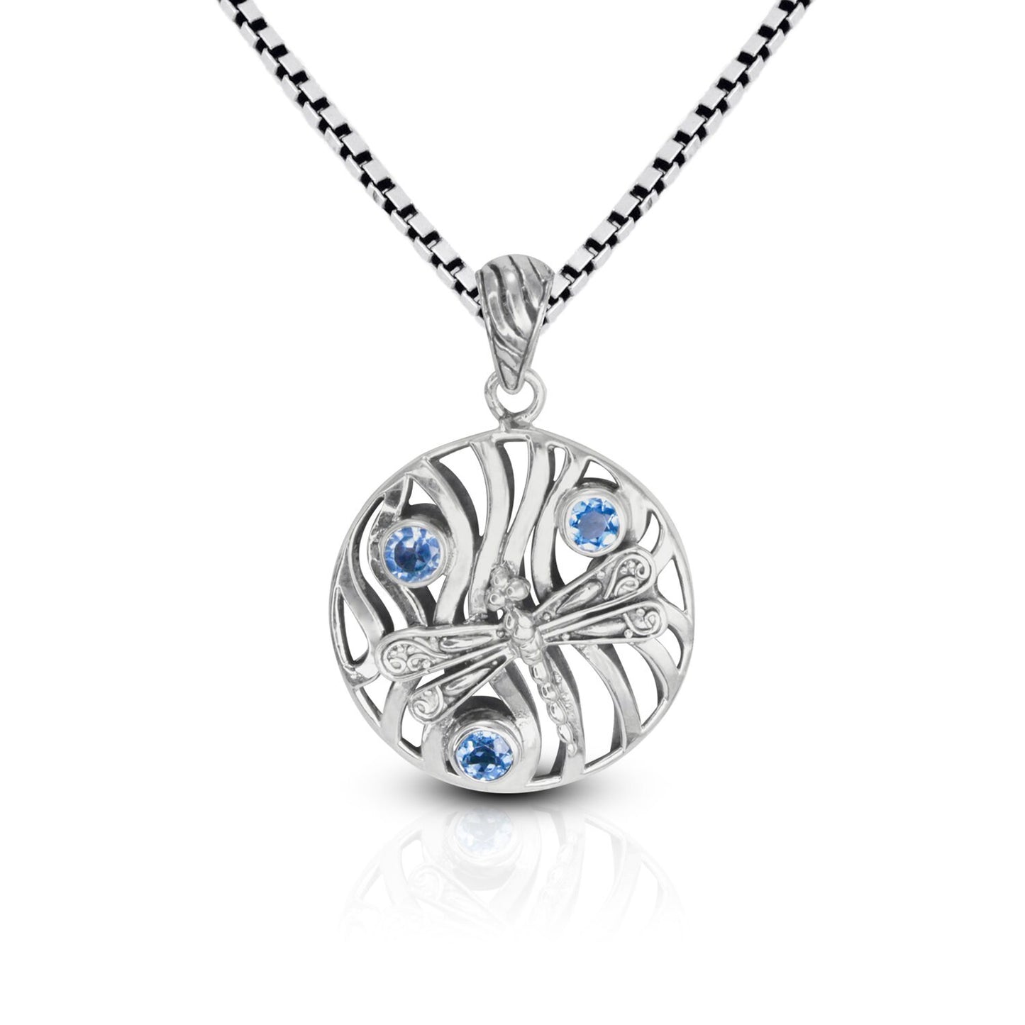 Blue topaz pendant necklace 925 sterling silver with dragonfly ornament and wave style
