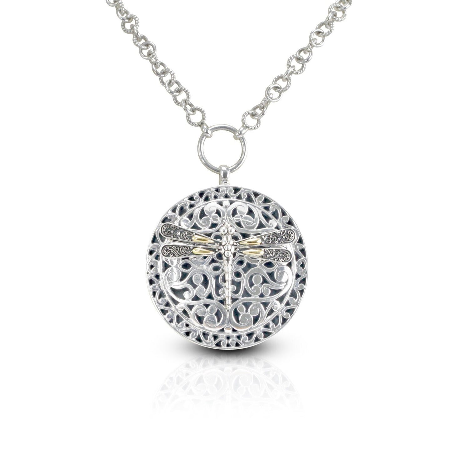 Dragonfly pendant in 925 sterling silver and 18 yellow gold decorated with beautiful open work filigree