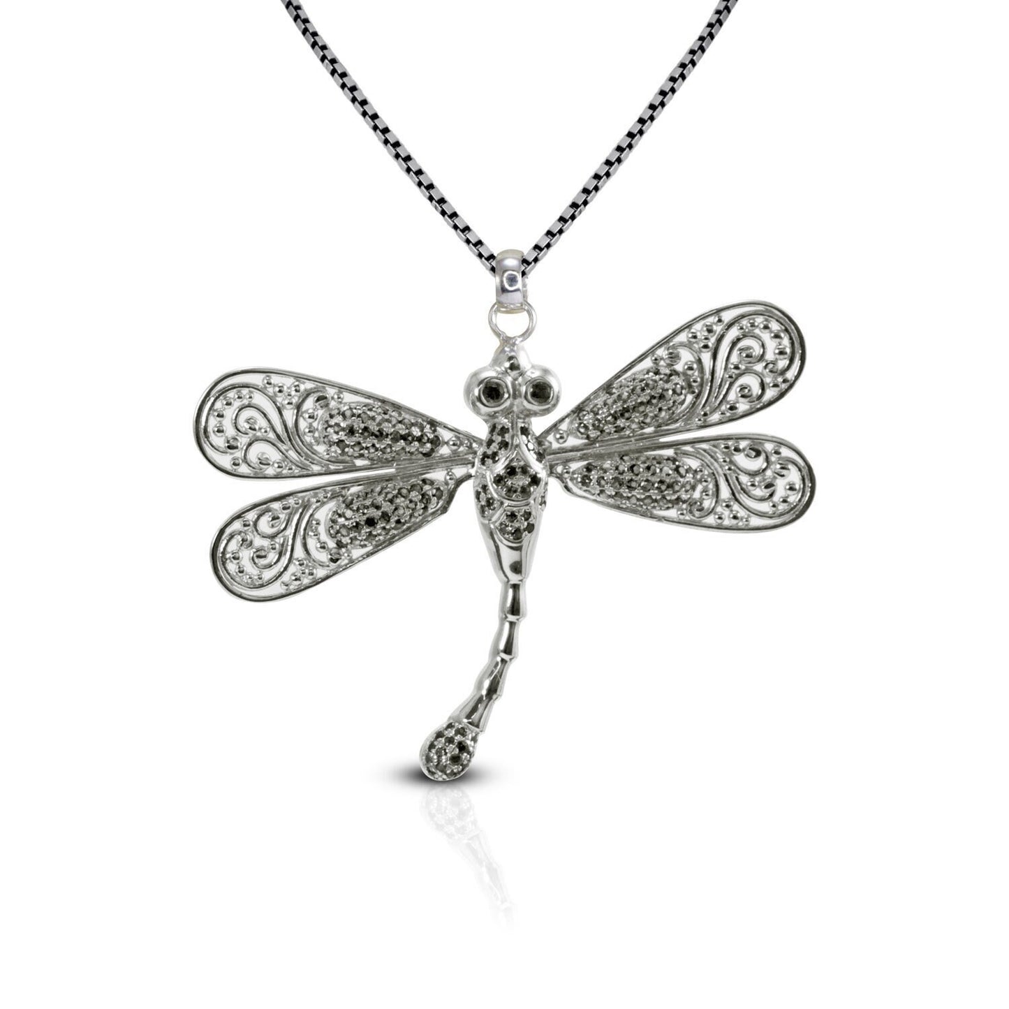 Dragonfly pendant necklace 925 sterling silver with genuine ruby and black zircon decorated with open work filigree