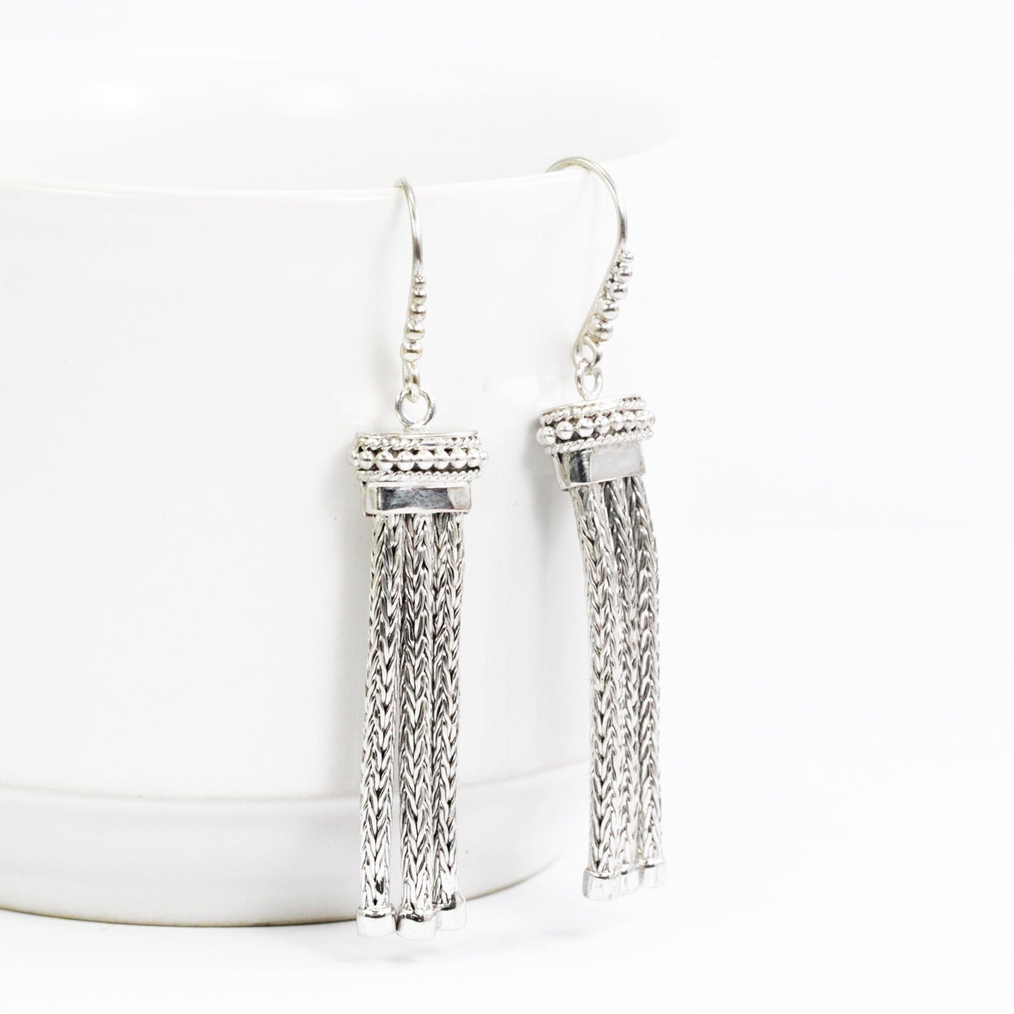 Chain earrings dangle drop 925 sterling silver with foxtail chain and dot ornament