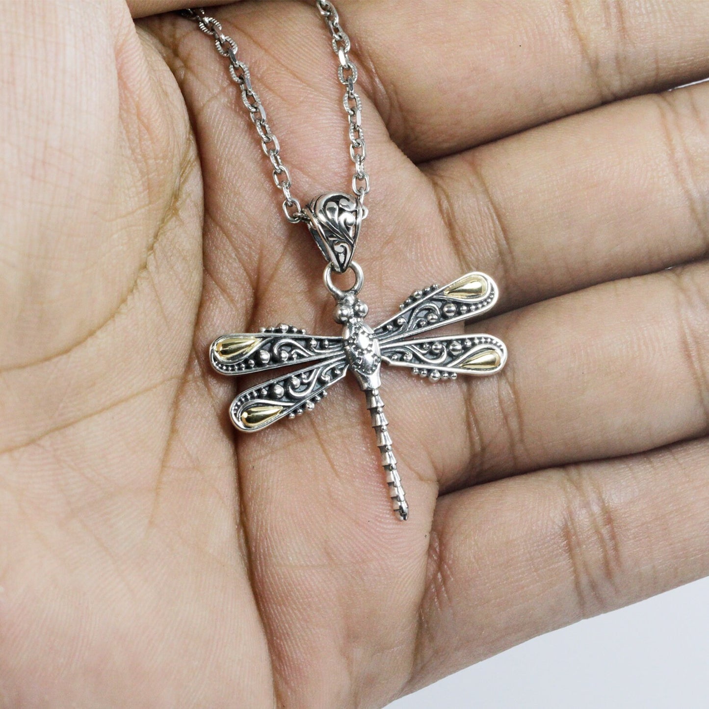 dragonfly pendant necklace 925 sterling silver and 18K yellow gold decorated with filigree ornament