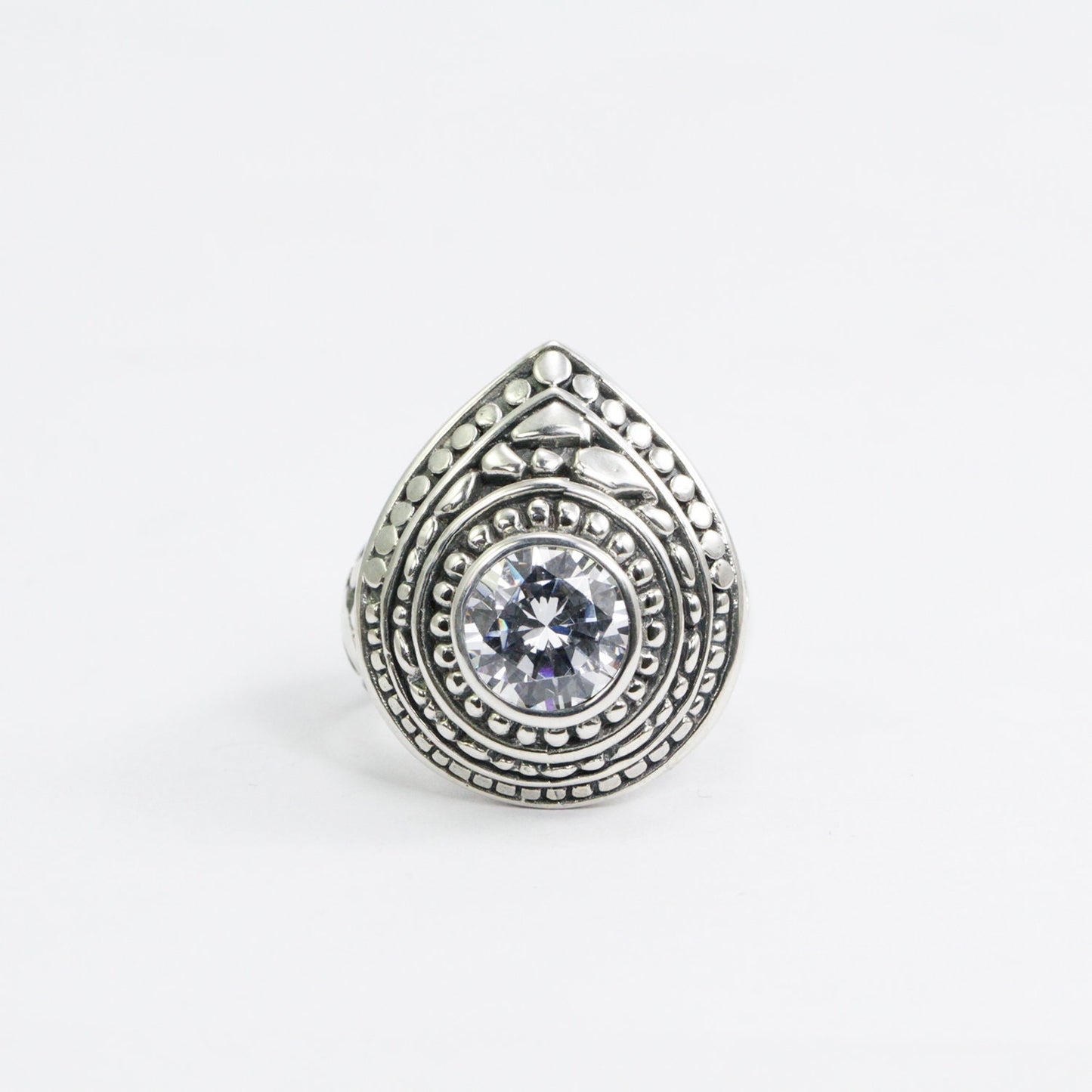 Filigree ring 925 sterling silver with genuine white zirconia, doom style ring, pear shape ring