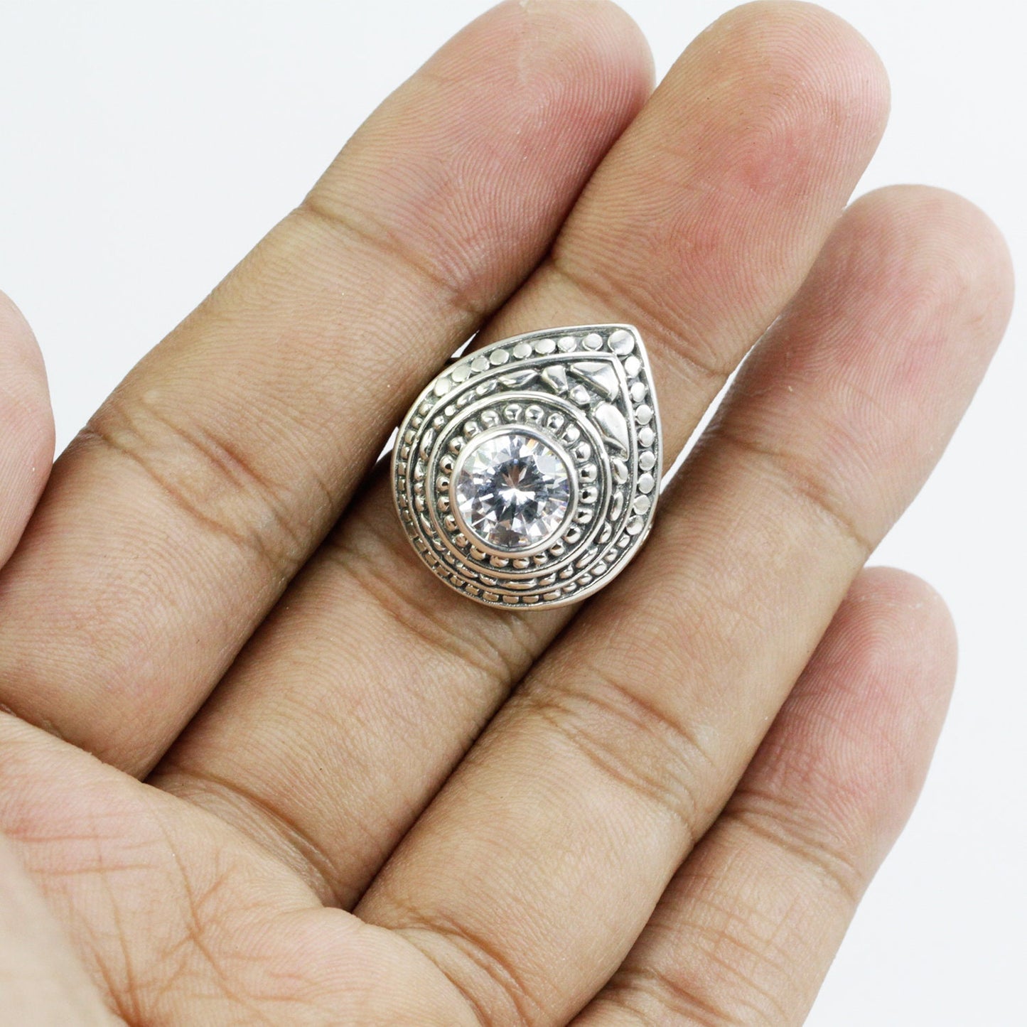Filigree ring 925 sterling silver with genuine white zirconia, doom style ring, pear shape ring