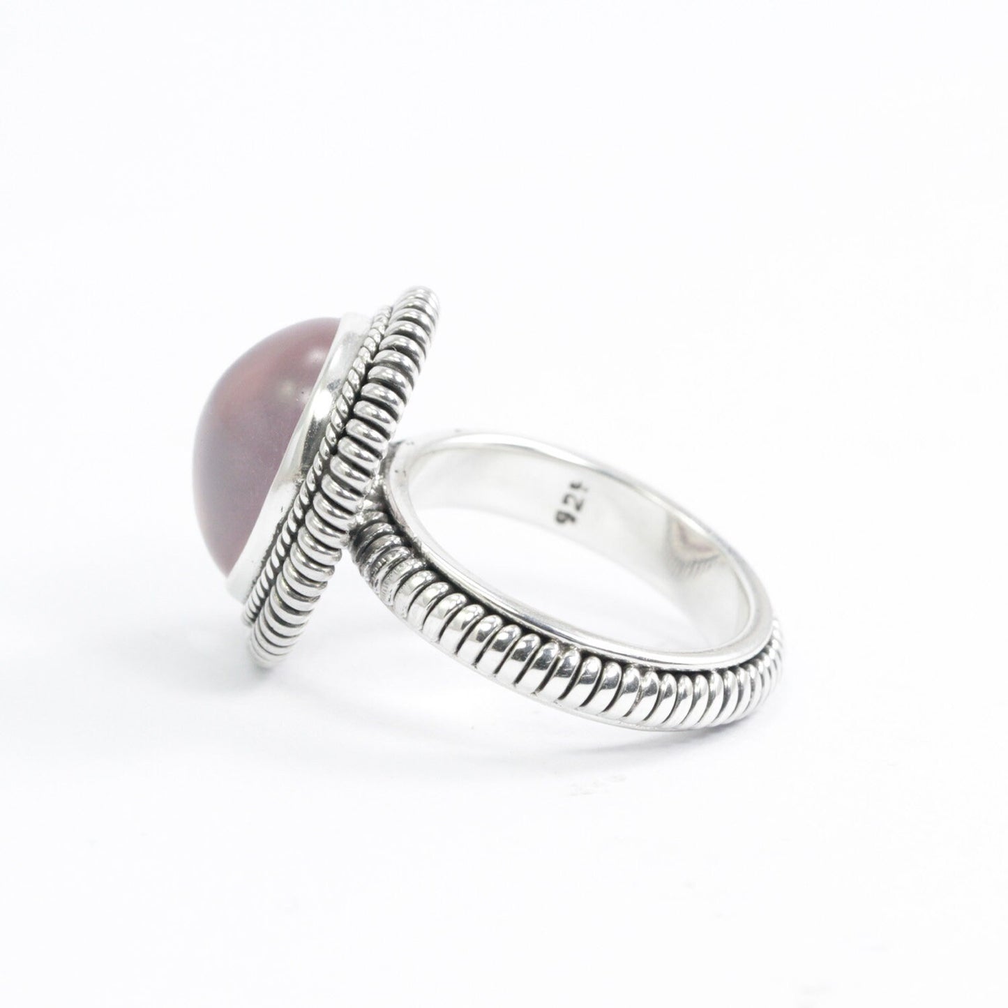 rose quartz ring 925 sterling silver with cable style ornament
