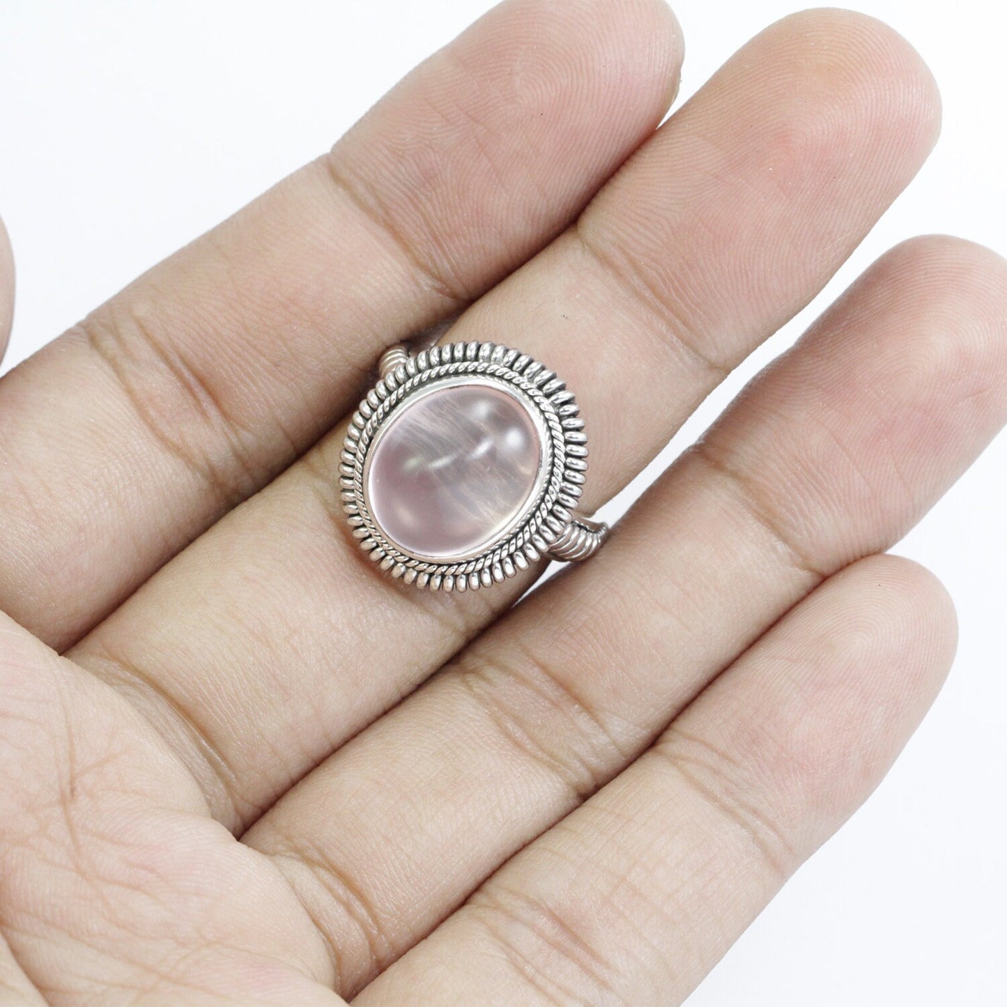 rose quartz ring 925 sterling silver with cable style ornament