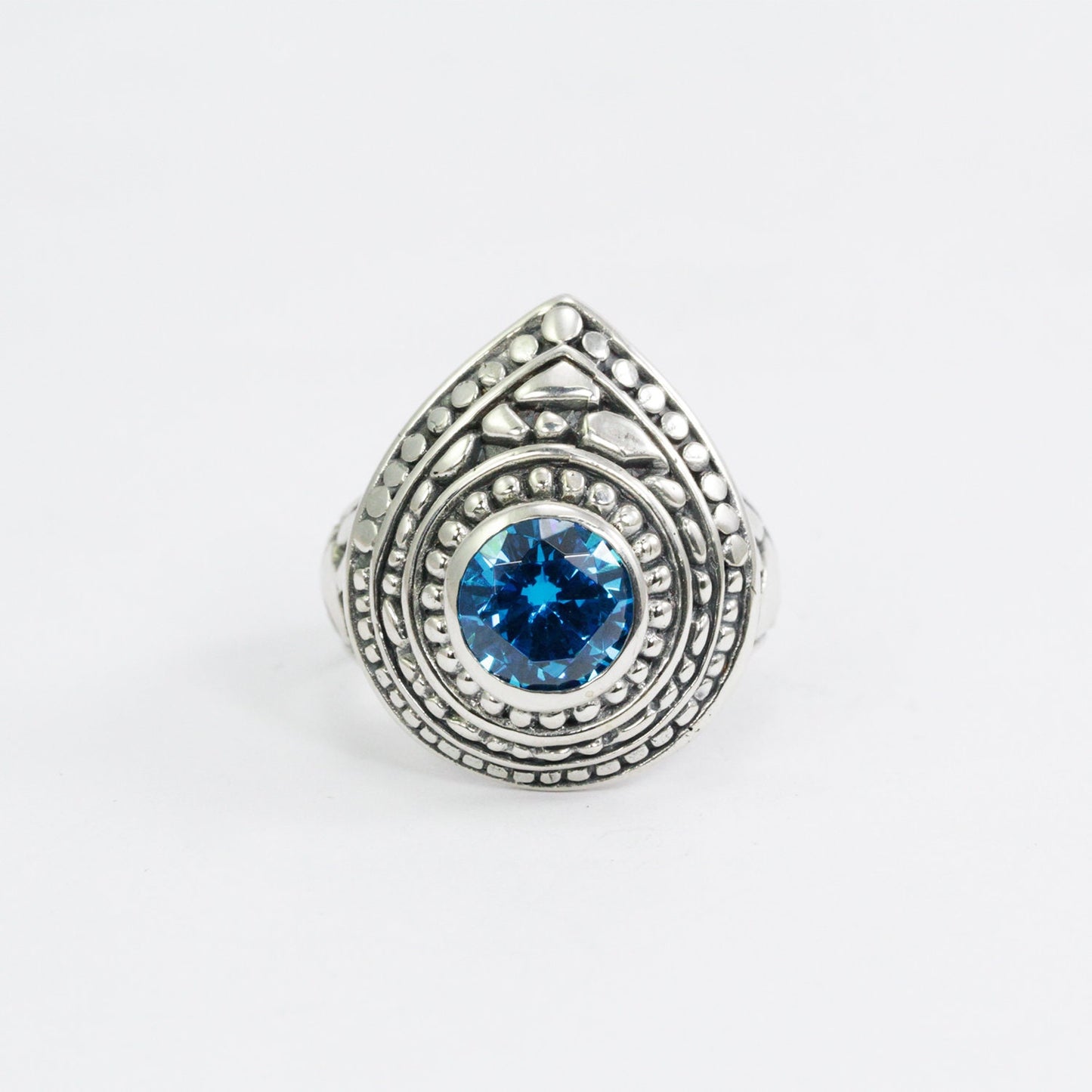 blue stone ring 925 sterling silver with doom pear shape filigree ornament