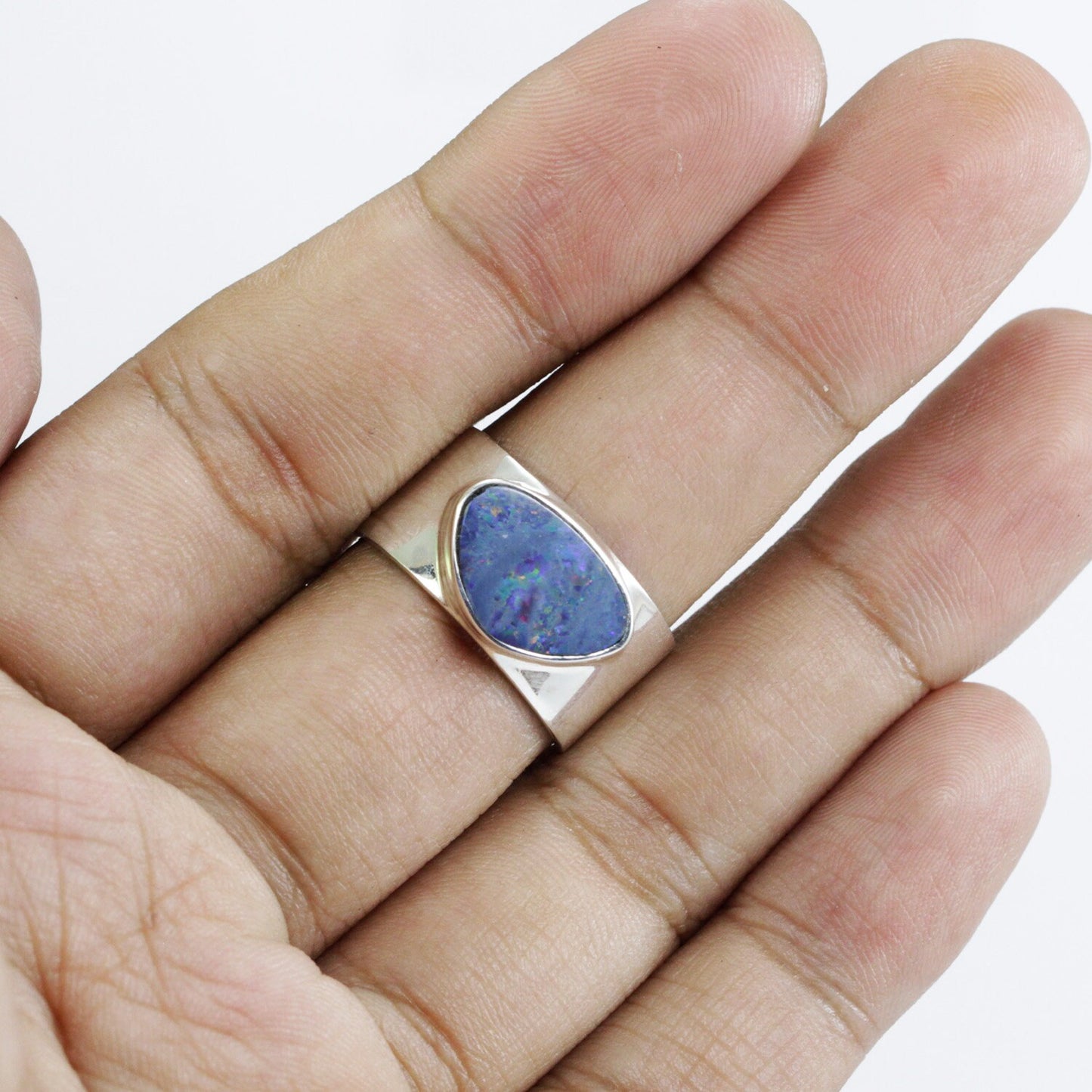 Autralian opal free shape stone set in handmade 925 sterling silver bezel