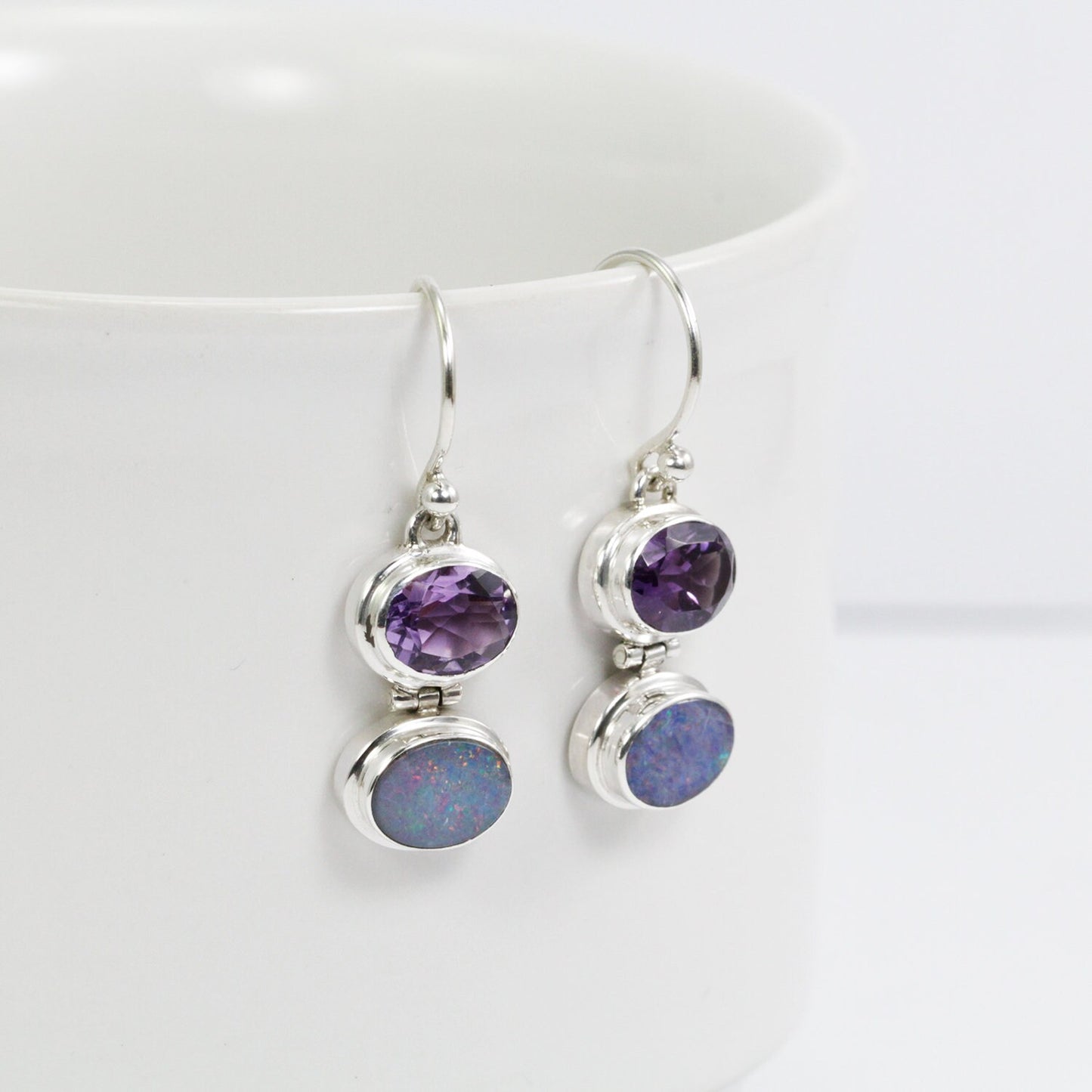 opal earrings 925 sterling silver with genuine Brazilian amethyst, two stones earrings dangle
