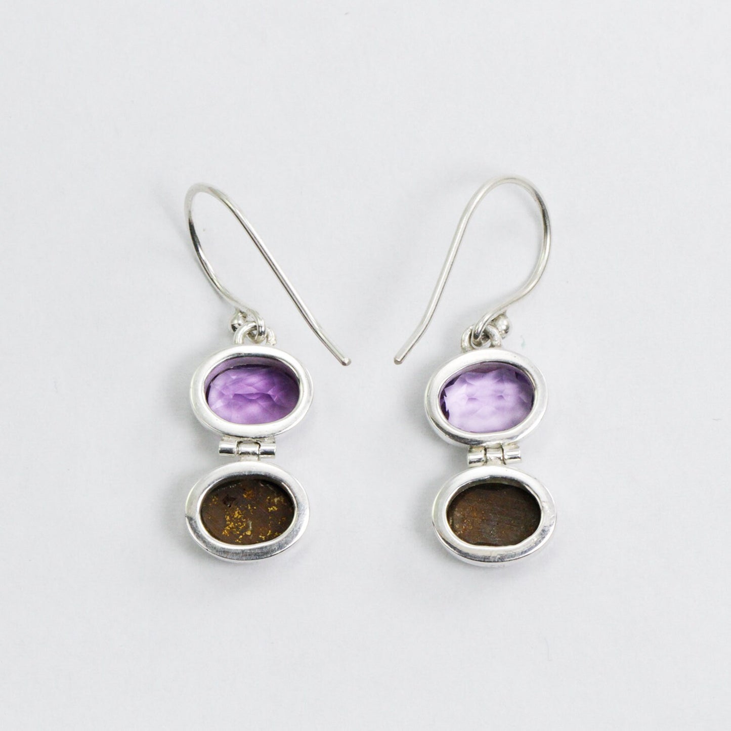 opal earrings 925 sterling silver with genuine Brazilian amethyst, two stones earrings dangle