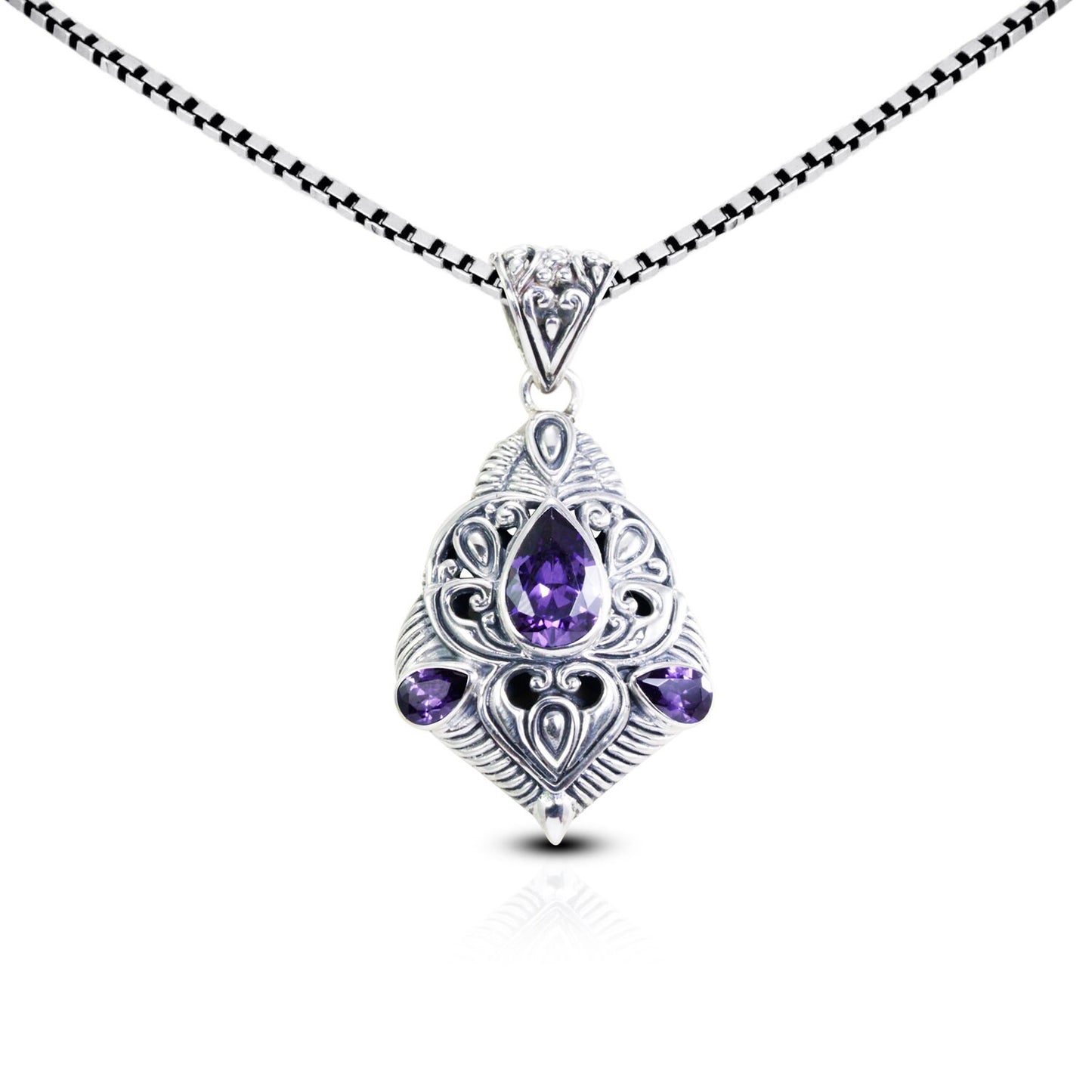 amethyst zirconia pendant necklace 925 sterling silver decorated with filigree ornament