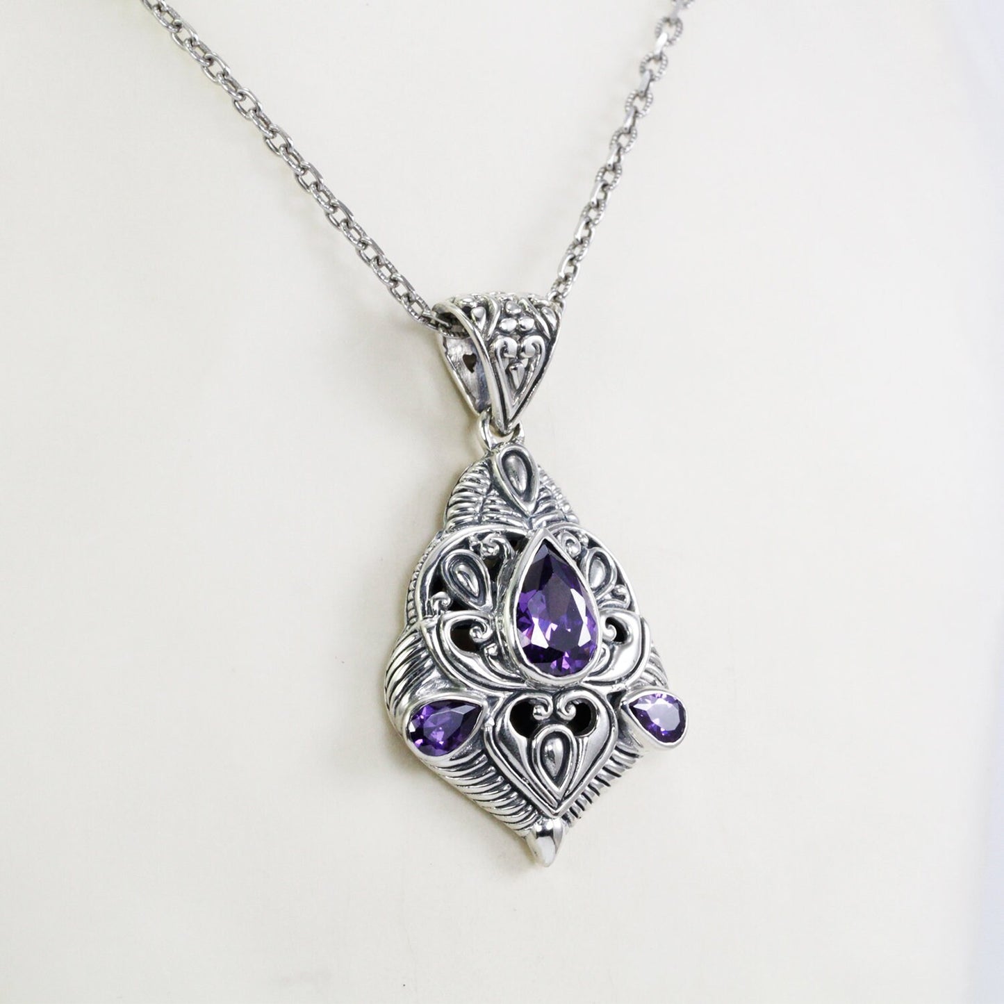 amethyst zirconia pendant necklace 925 sterling silver decorated with filigree ornament