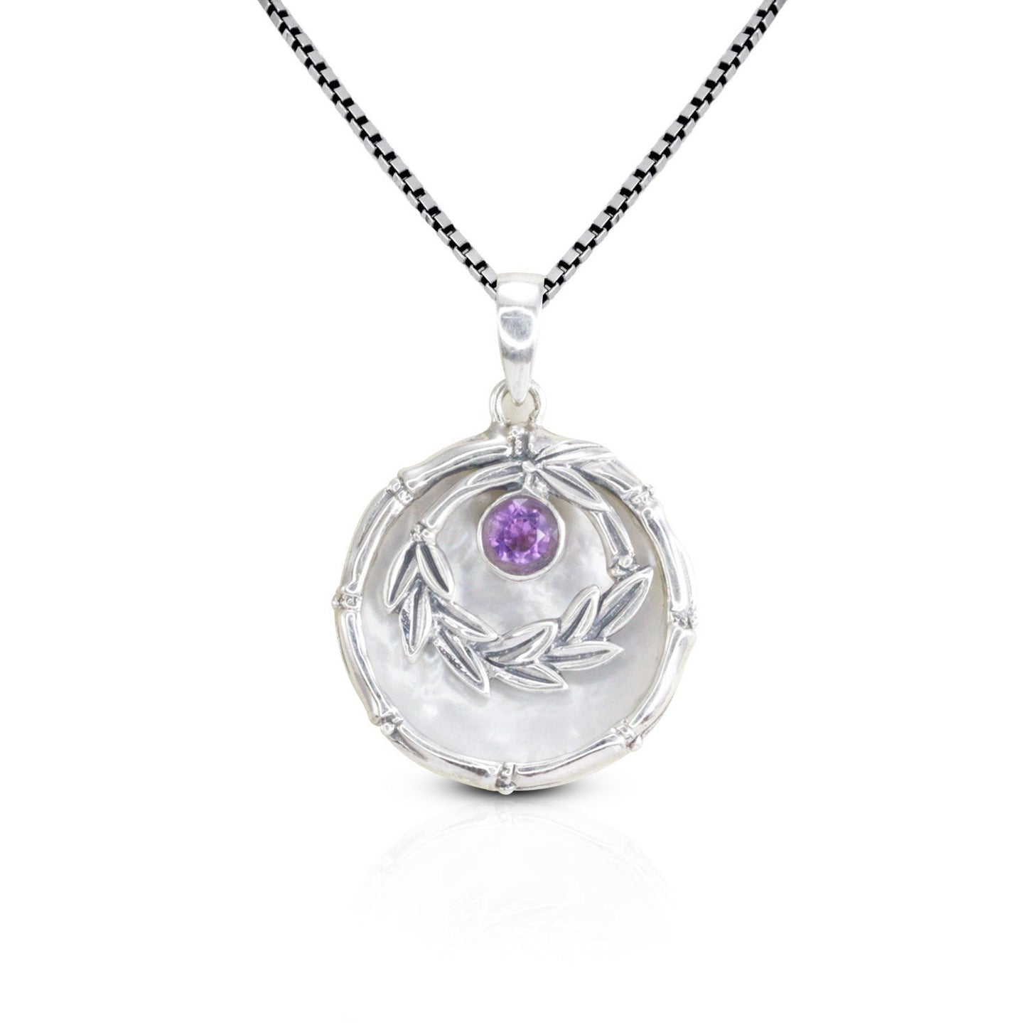 amethyst pendant with 925 sterling silver leaf frame and decorated with genuine white shell