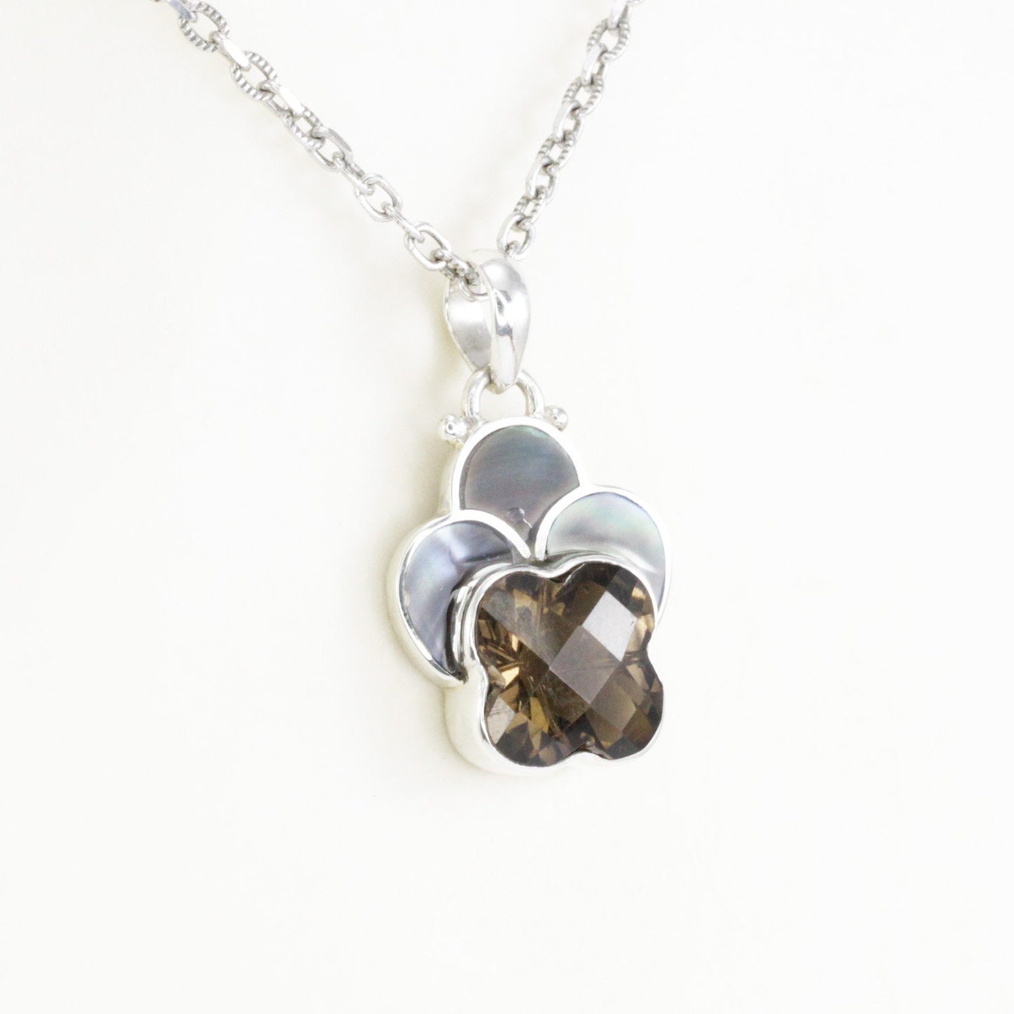 Smoky quartz pendant 925 sterling silver leaf shape with black shell