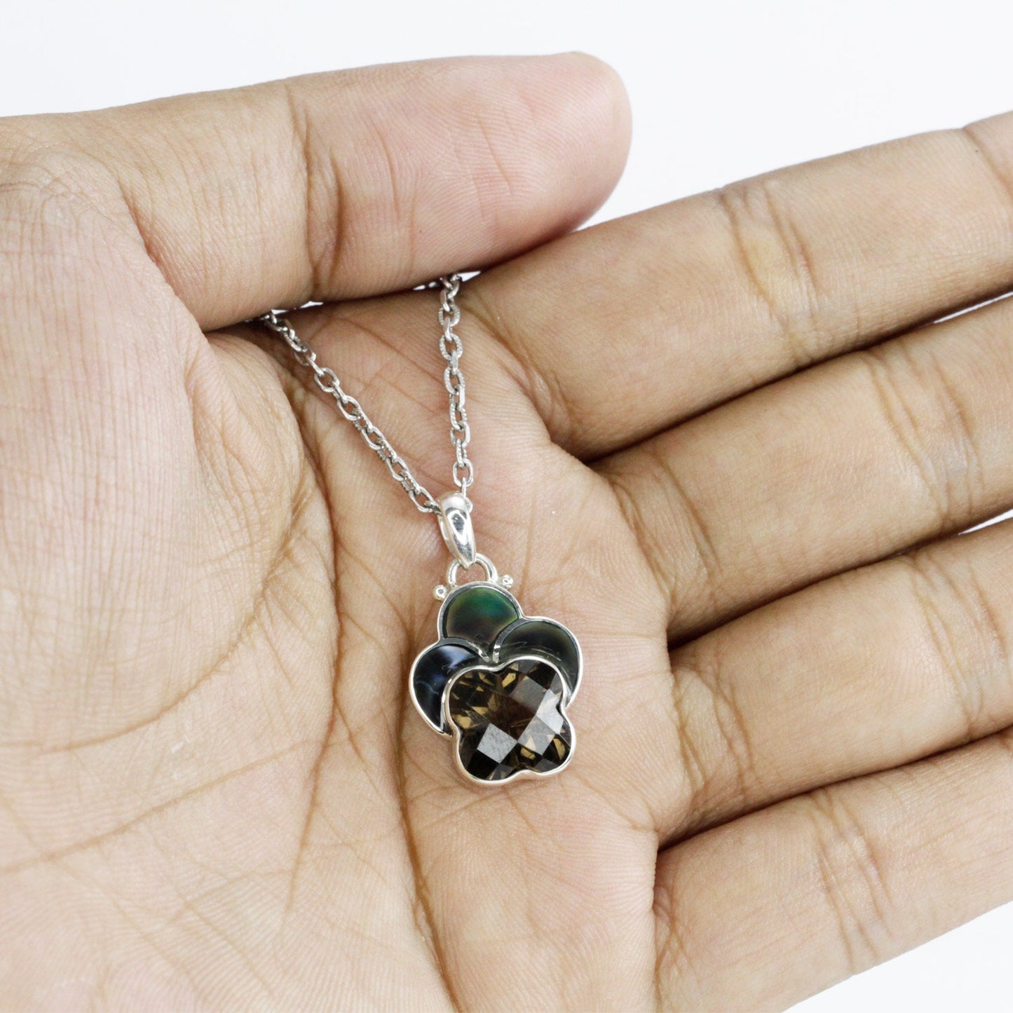 Smoky quartz pendant 925 sterling silver leaf shape with black shell