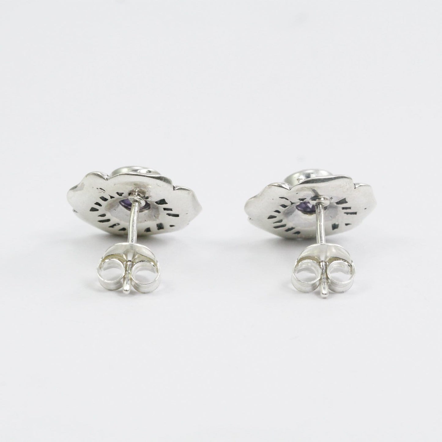 flower earrings studs with genuine round 6 mm Amethyst decorated with 925 sterling silver handmade filigree