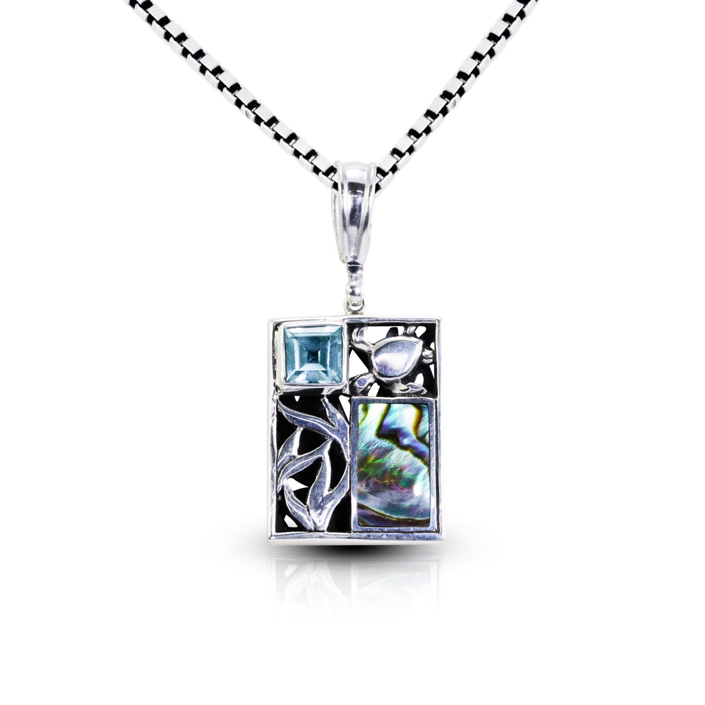 turtle and Sealife Pendant Necklace 925 sterling silver with genuine blue topaz and abalone shell