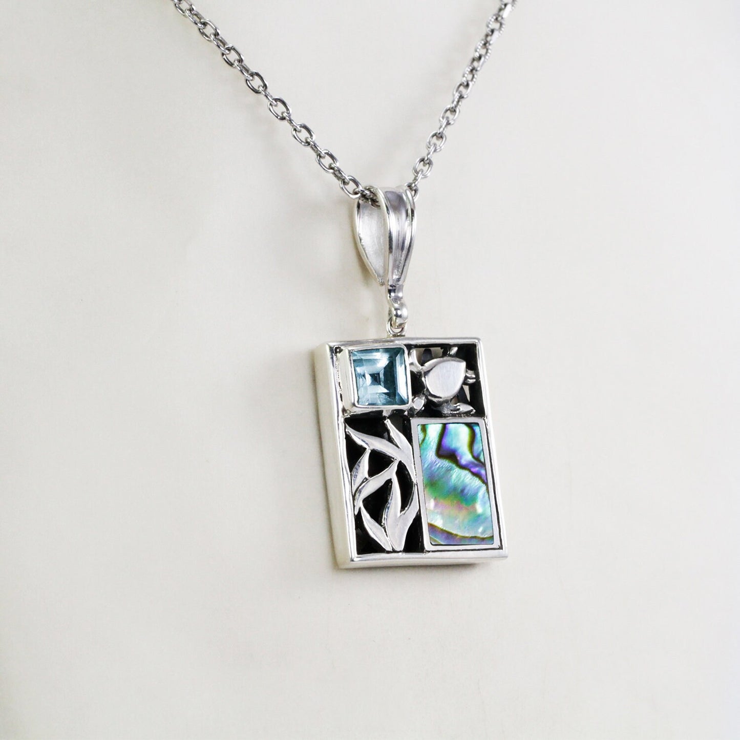 turtle and Sealife Pendant Necklace 925 sterling silver with genuine blue topaz and abalone shell