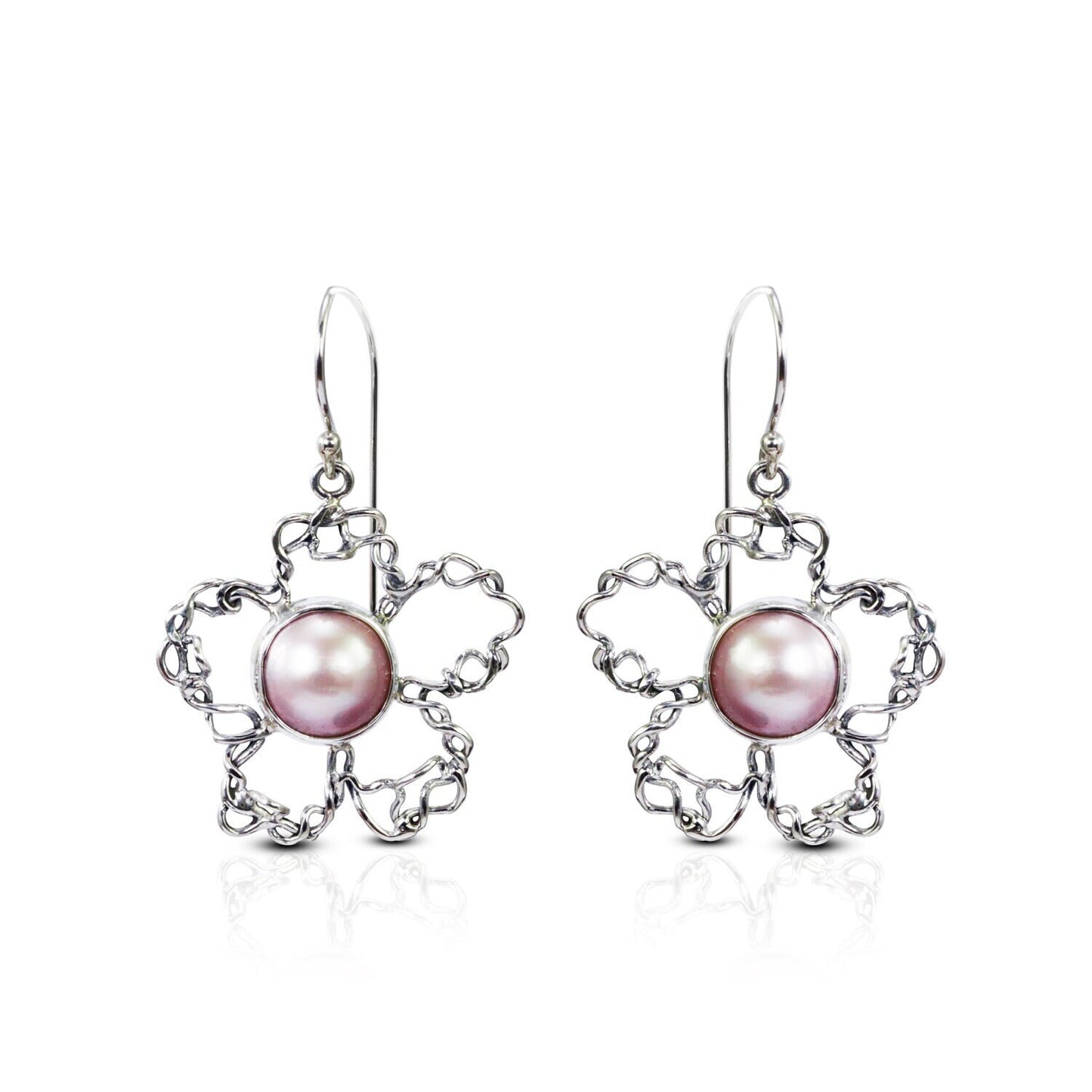 pink mabe pearl earrings 925 sterling silver 10 mm round decorated with flower shape handmade wire