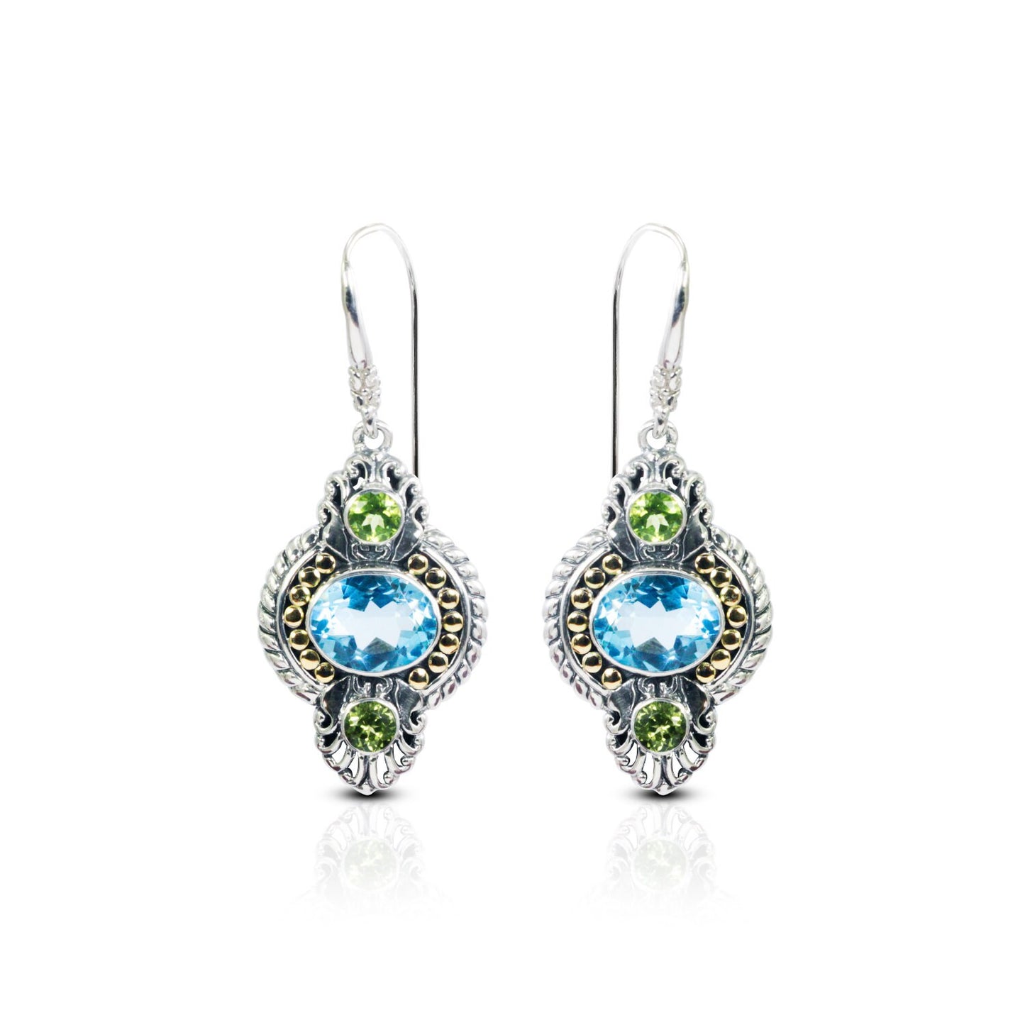 blue topaz earrings dangle 925 sterling silver and 18K yellow gold with genuine green peridot